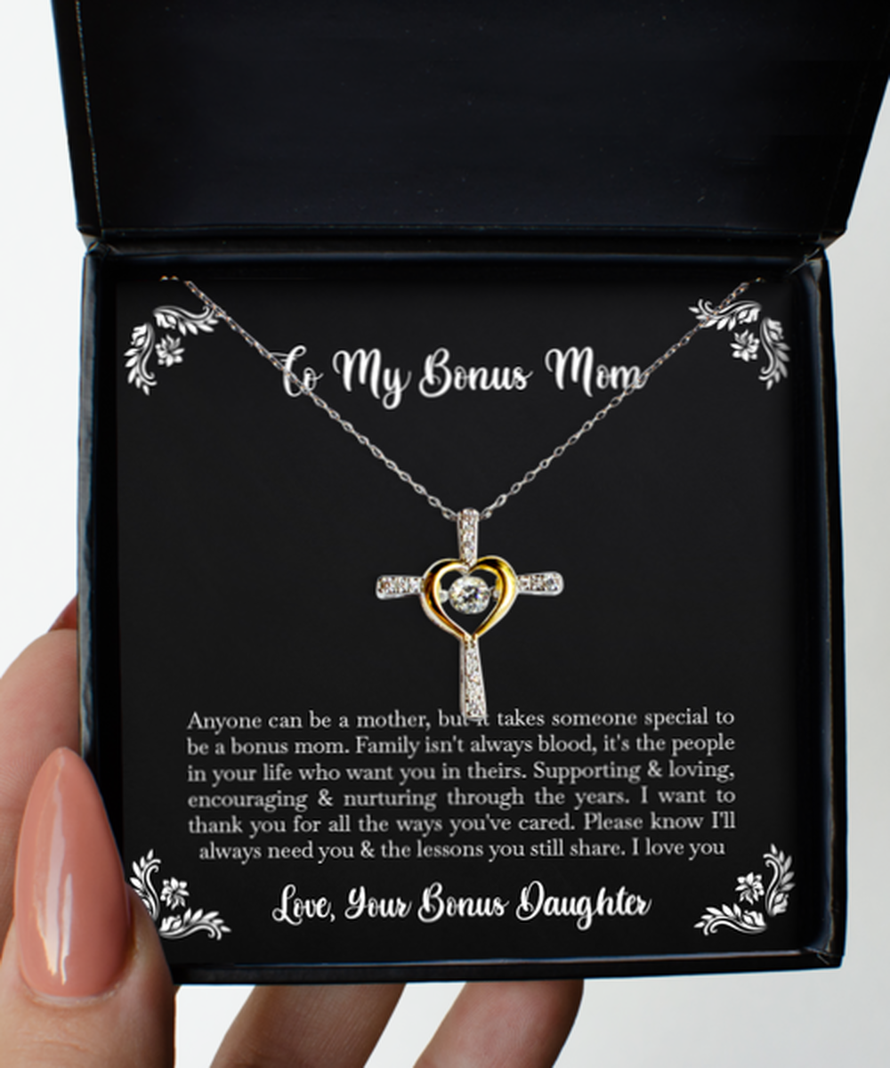 To My Bonus Mom Gifts, Family Isn't Always Blood, Cross Dancing Necklace For Women, Birthday Mothers Day Present From Bonus Daughter
