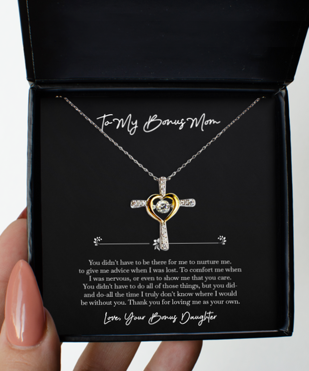 To My Bonus Mom Gifts, Thank You For Loving Me, Cross Dancing Necklace For Women, Birthday Mothers Day Present From Bonus Daughter