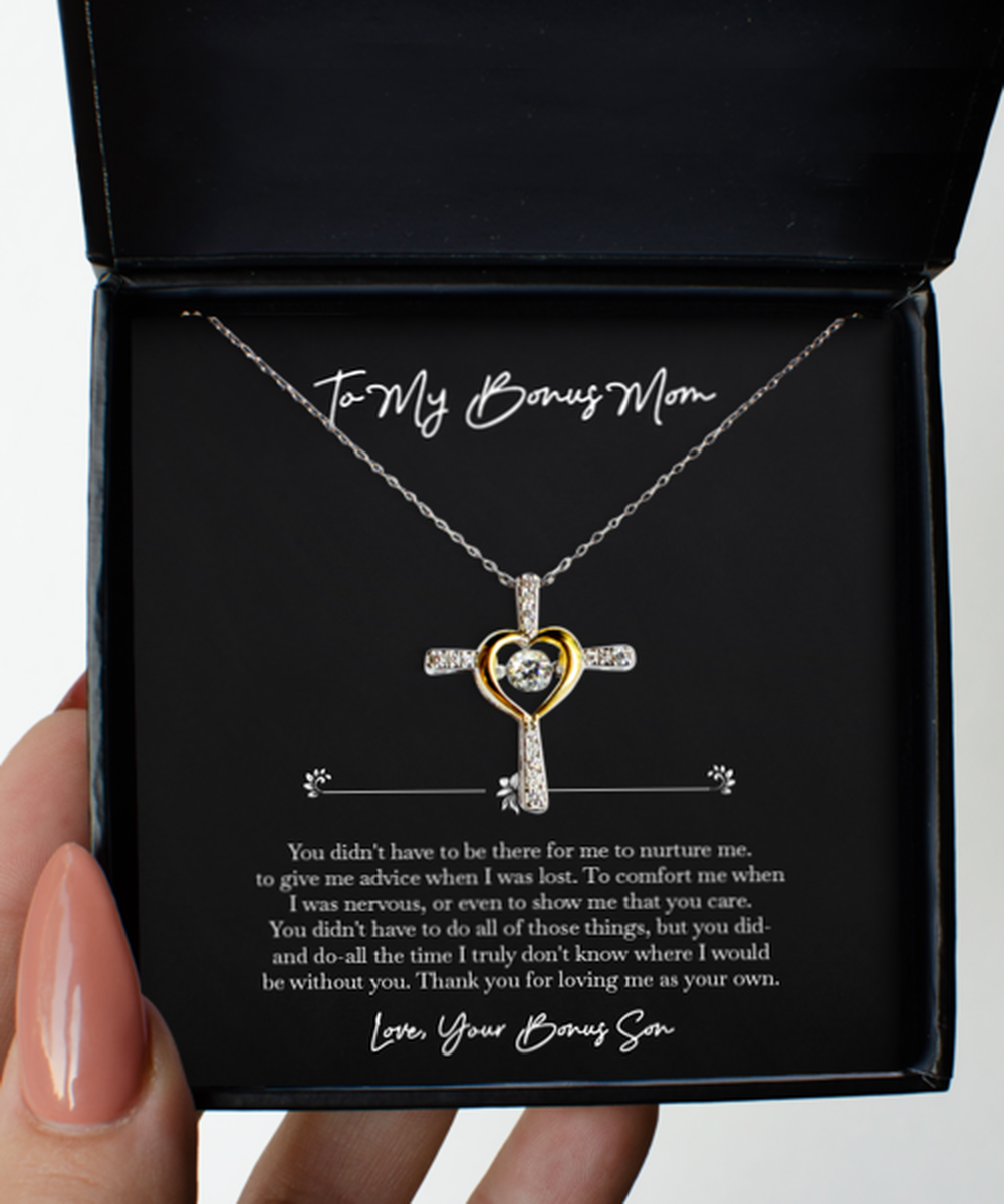 To My Bonus Mom Gifts, Thank You For Loving Me, Cross Dancing Necklace For Women, Birthday Mothers Day Present From Bonus Son