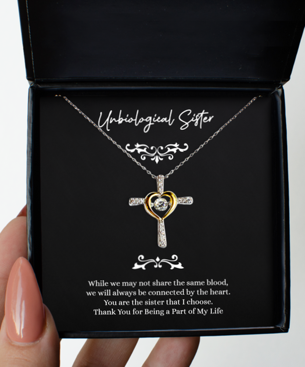 To My Unbiological Sister Gifts, Connected By The Heart, Cross Dancing Necklace For Women, Birthday Jewelry Gifts From Sister-in-law