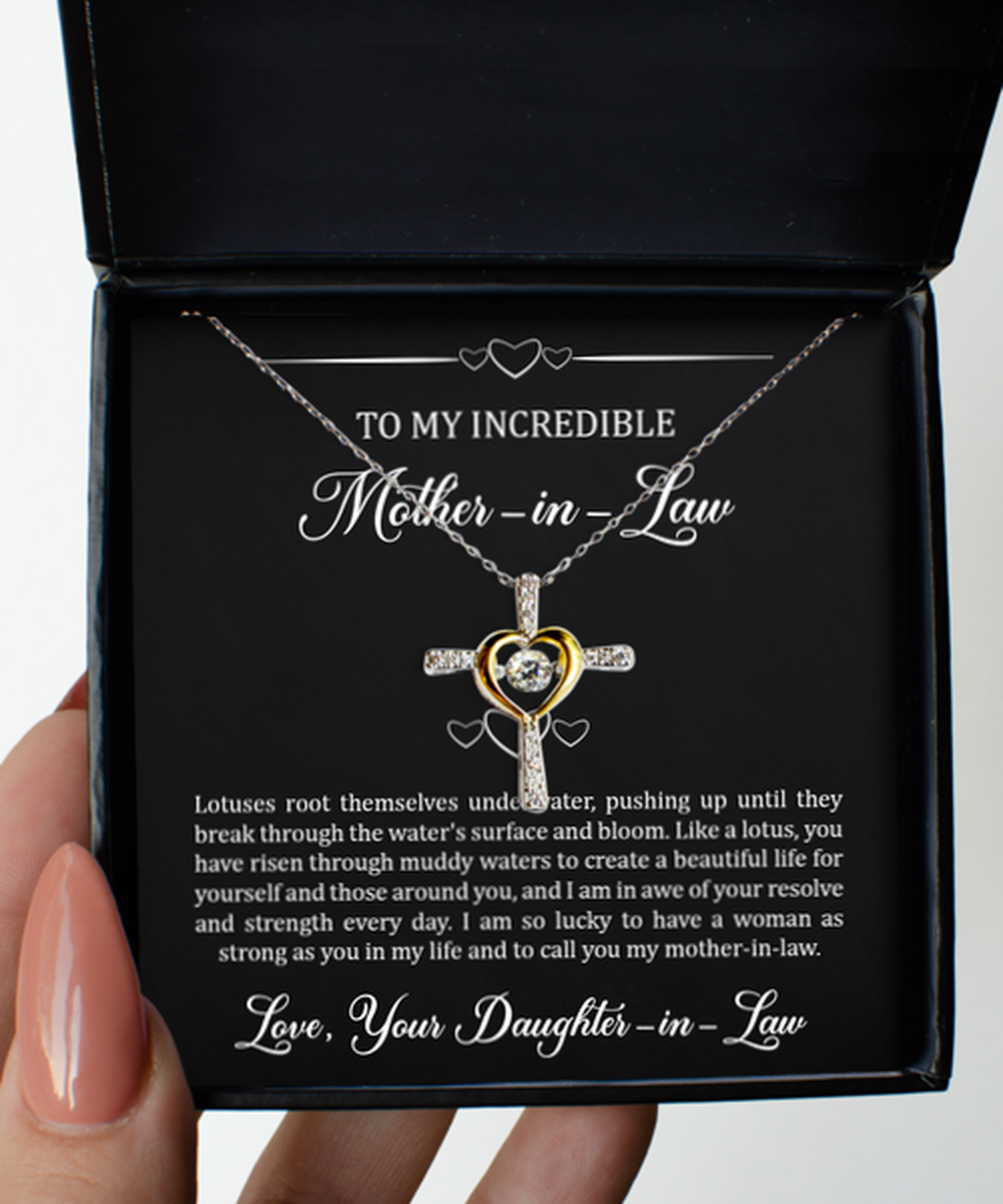 To My Mother-in-law Gifts, Like A Lotus, Cross Dancing Necklace For Women, Birthday Mothers Day Present From Daughter-in-law