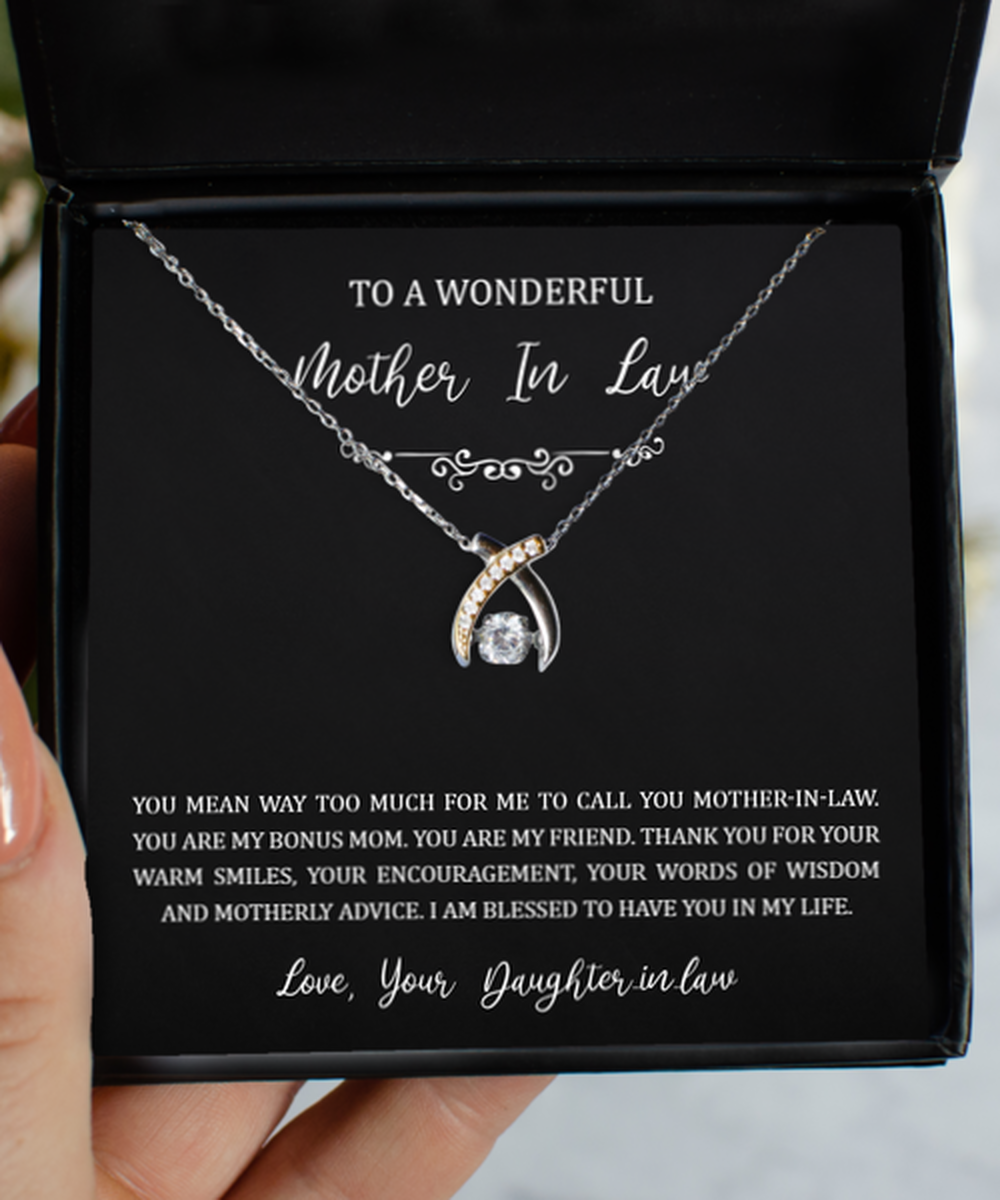 To My Mother-in-law Gifts, My Bonus Mom, Wishbone Dancing Neckace For Women, Birthday Mothers Day Present From Daughter-in-law