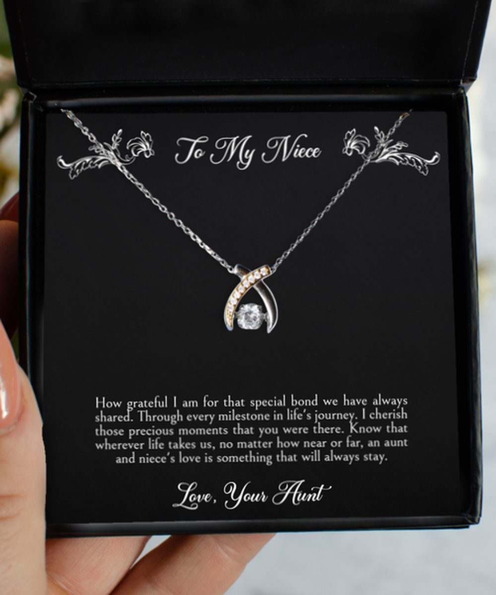 To My NIECE Gifts, How Grateful I Am For That Special Bond, Wishbone Dancing Necklace For Women, Birthday Jewelry Gifts From Aunt