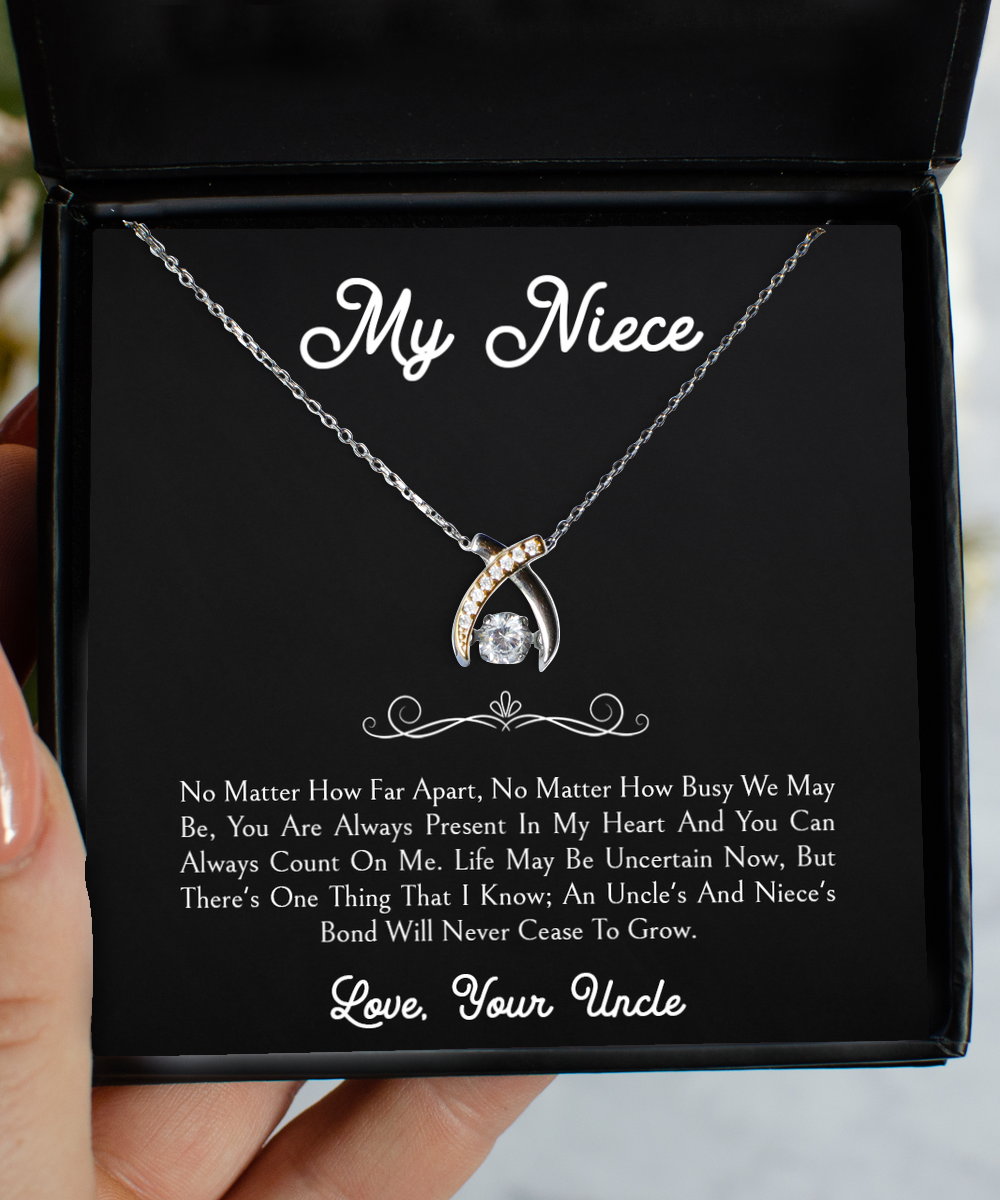 To My Niece Gifts, No Matter How Far Apart, Wishbone Dancing Necklace For Women, Birthday Jewelry Gifts From Uncle