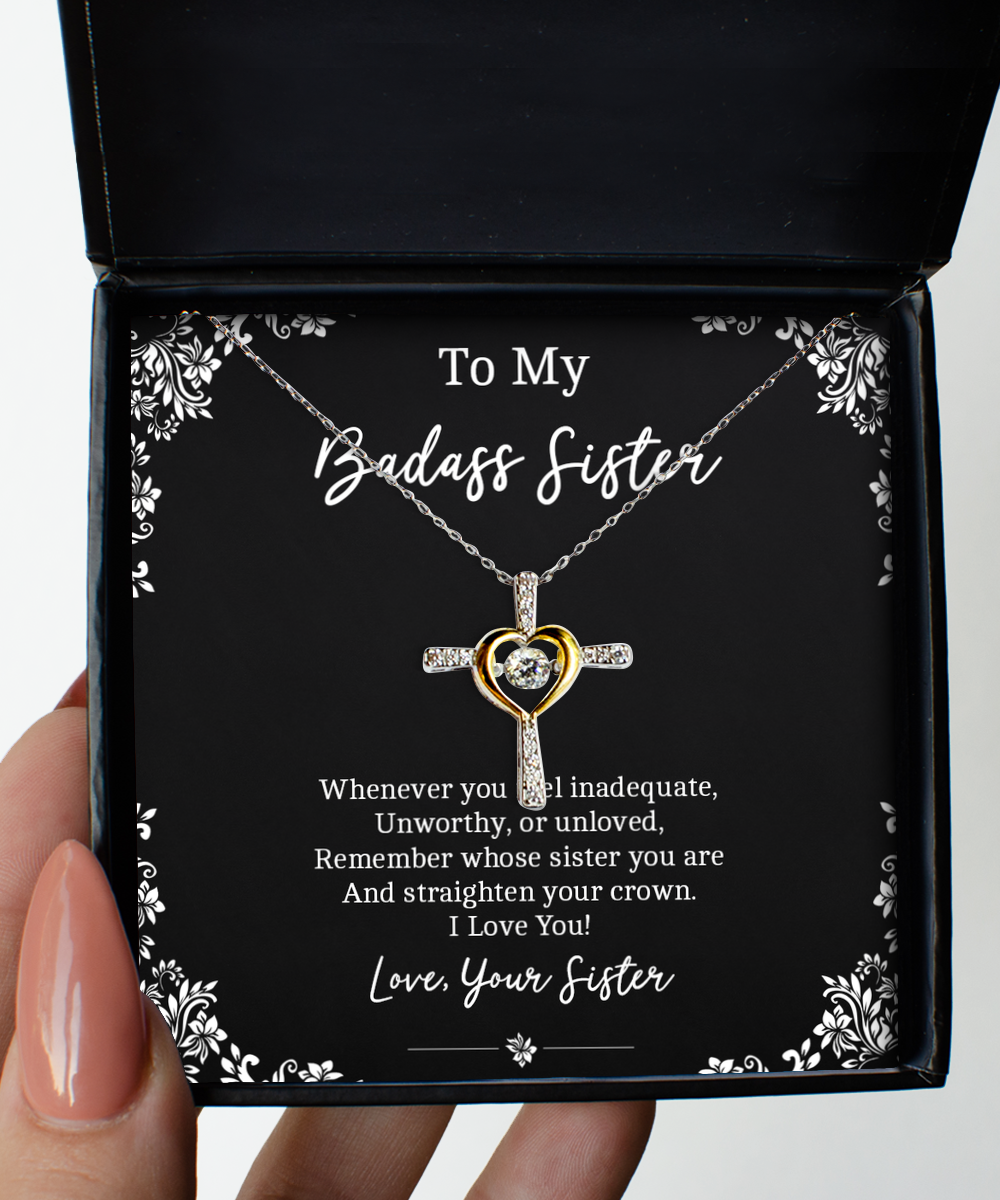 To My Badass Sister Gifts, I Love You, Cross Dancing Necklace For Women, Birthday Jewelry Gifts From Sister