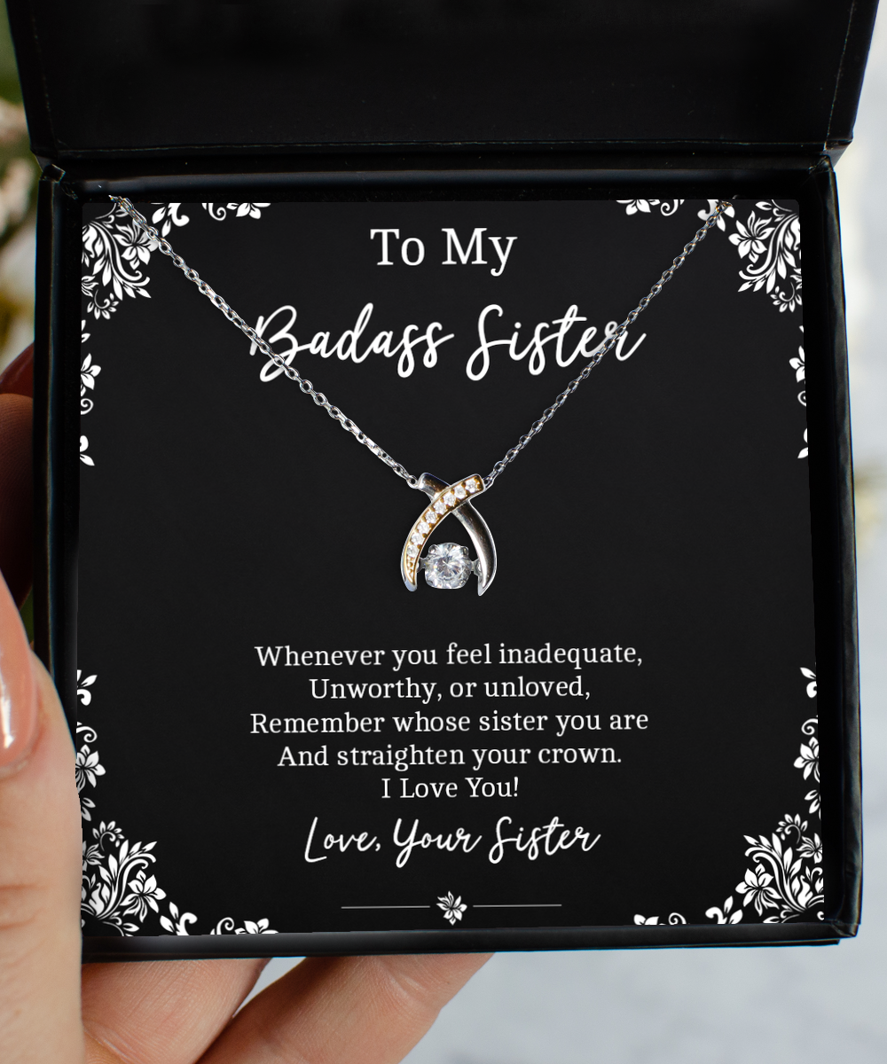 To My Badass Sister Gifts, I Love You, Wishbone Dancing Necklace For Women, Birthday Jewelry Gifts From Sister