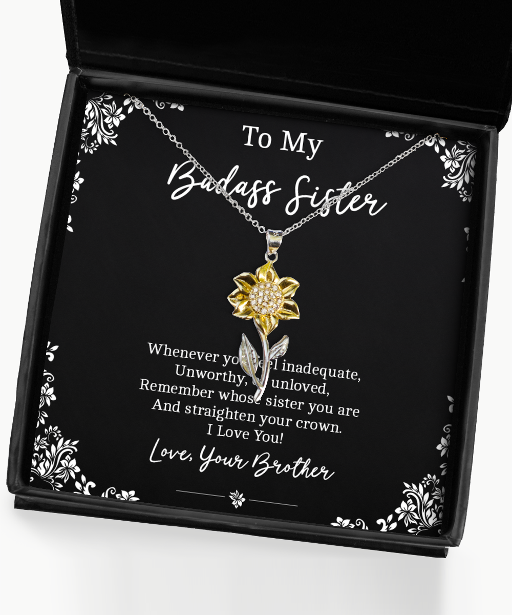 To My Badass Sister Gifts, I Love You, Sunflower Pendant Necklace For Women, Birthday Jewelry Gifts From Brother