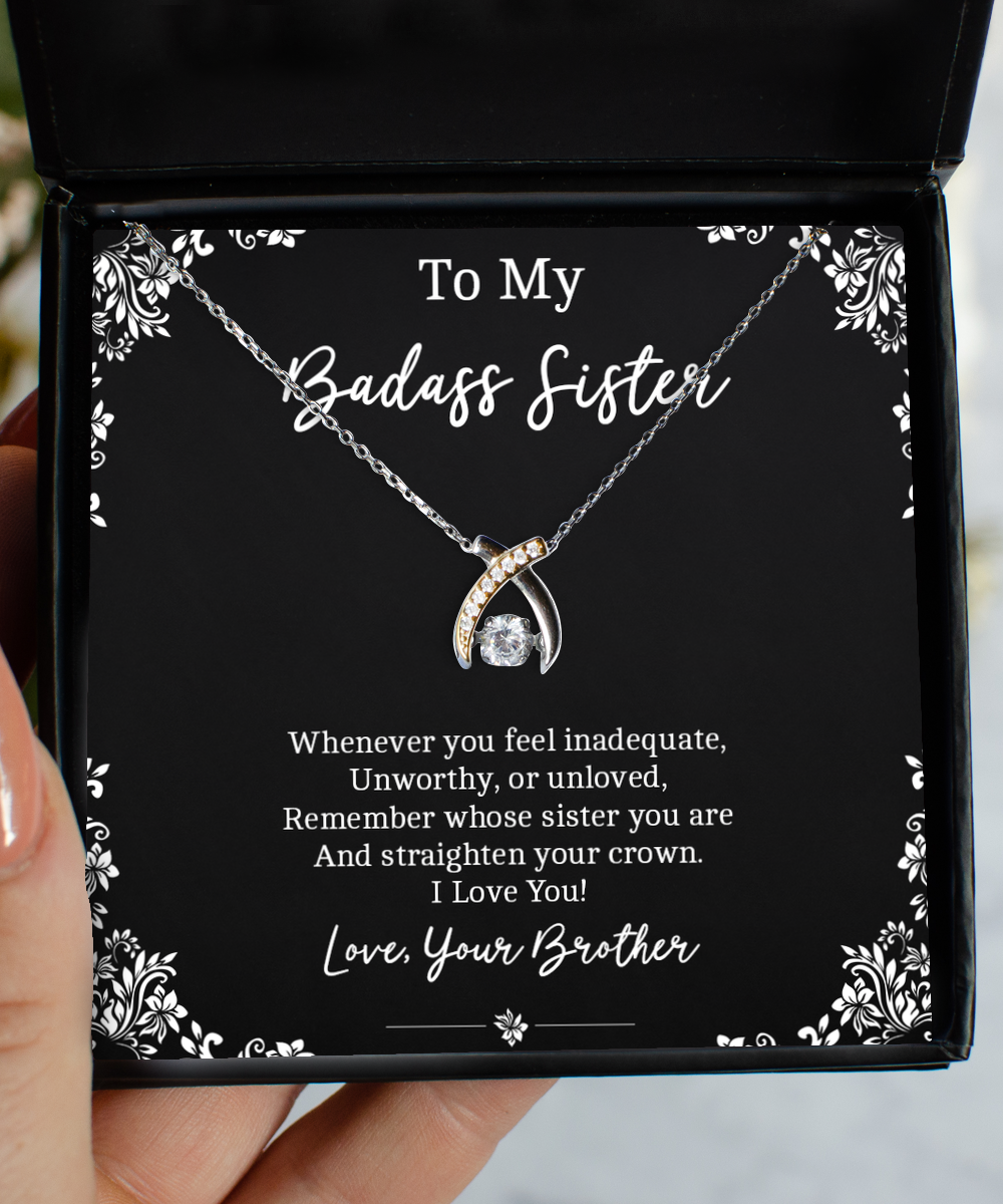 To My Badass Sister Gifts, I Love You, Wishbone Dancing Necklace For Women, Birthday Jewelry Gifts From Brother