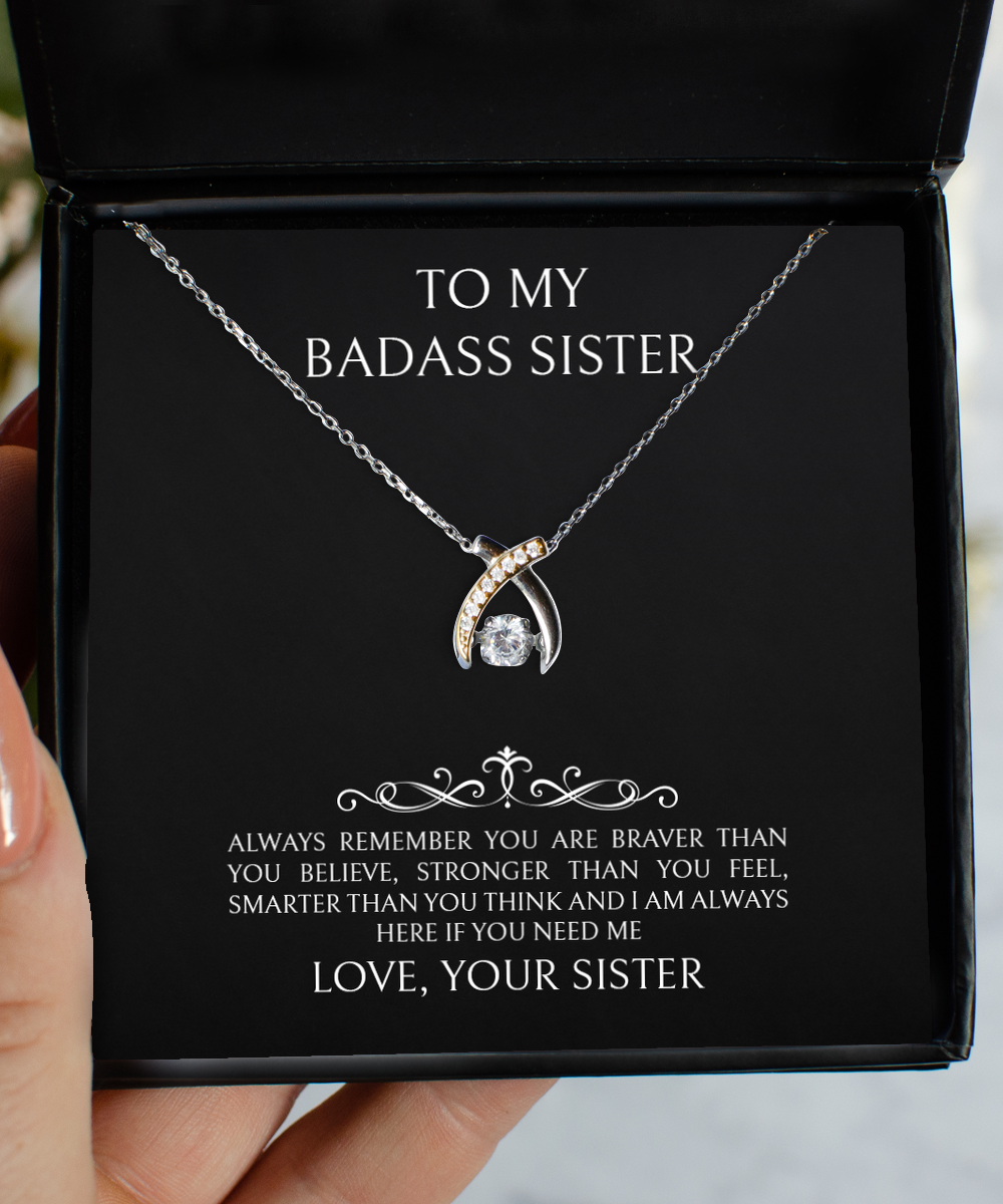 To My Badass Sister Gifts, Always Remember, Wishbone Dancing Necklace For Women, Birthday Jewelry Gifts From Sister