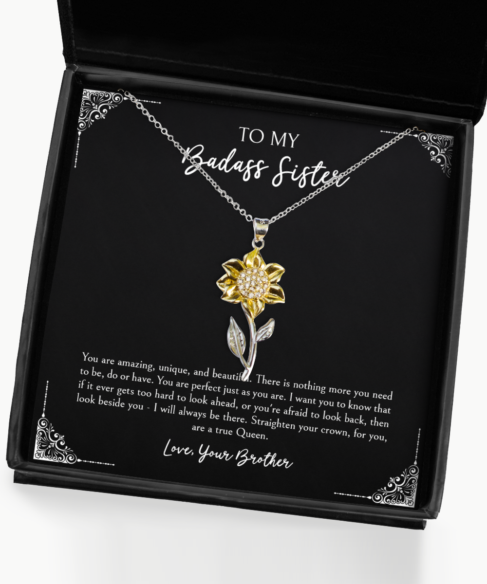 To My Badass Sister Gifts, You Are Amazing, Sunflower Pendant Necklace For Women, Birthday Jewelry Gifts From Brother