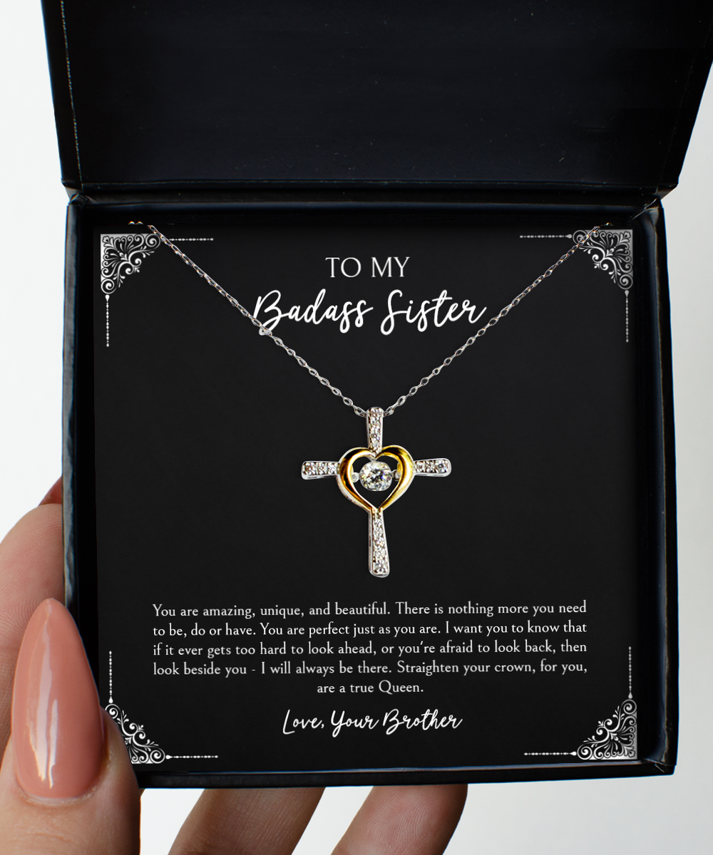 To My Badass Sister Gifts, You Are Amazing, Cross Dancing Necklace For Women, Birthday Jewelry Gifts From Brother