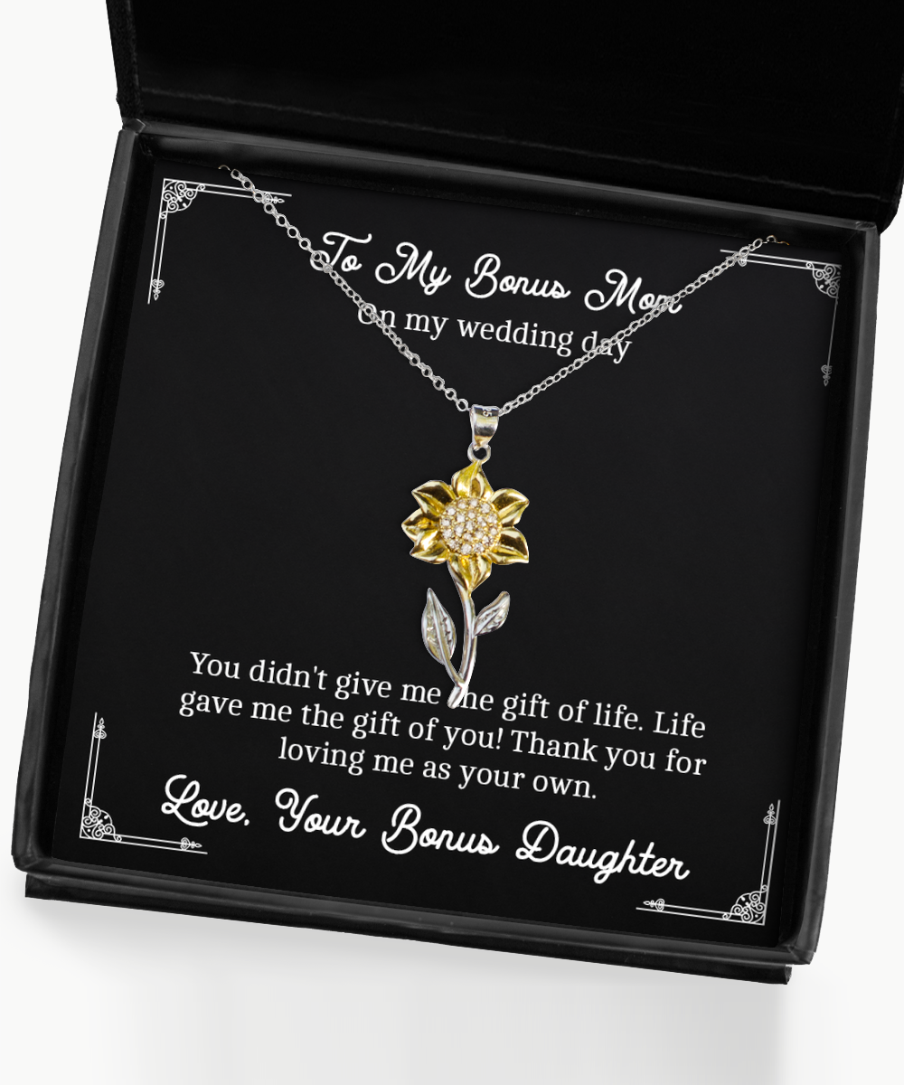 To My Bonus Mom Gifts, Thank You For Loving Me, Sunflower Pendant Necklace For Women, Wedding Day Thank You Ideas From Bonus Daughter