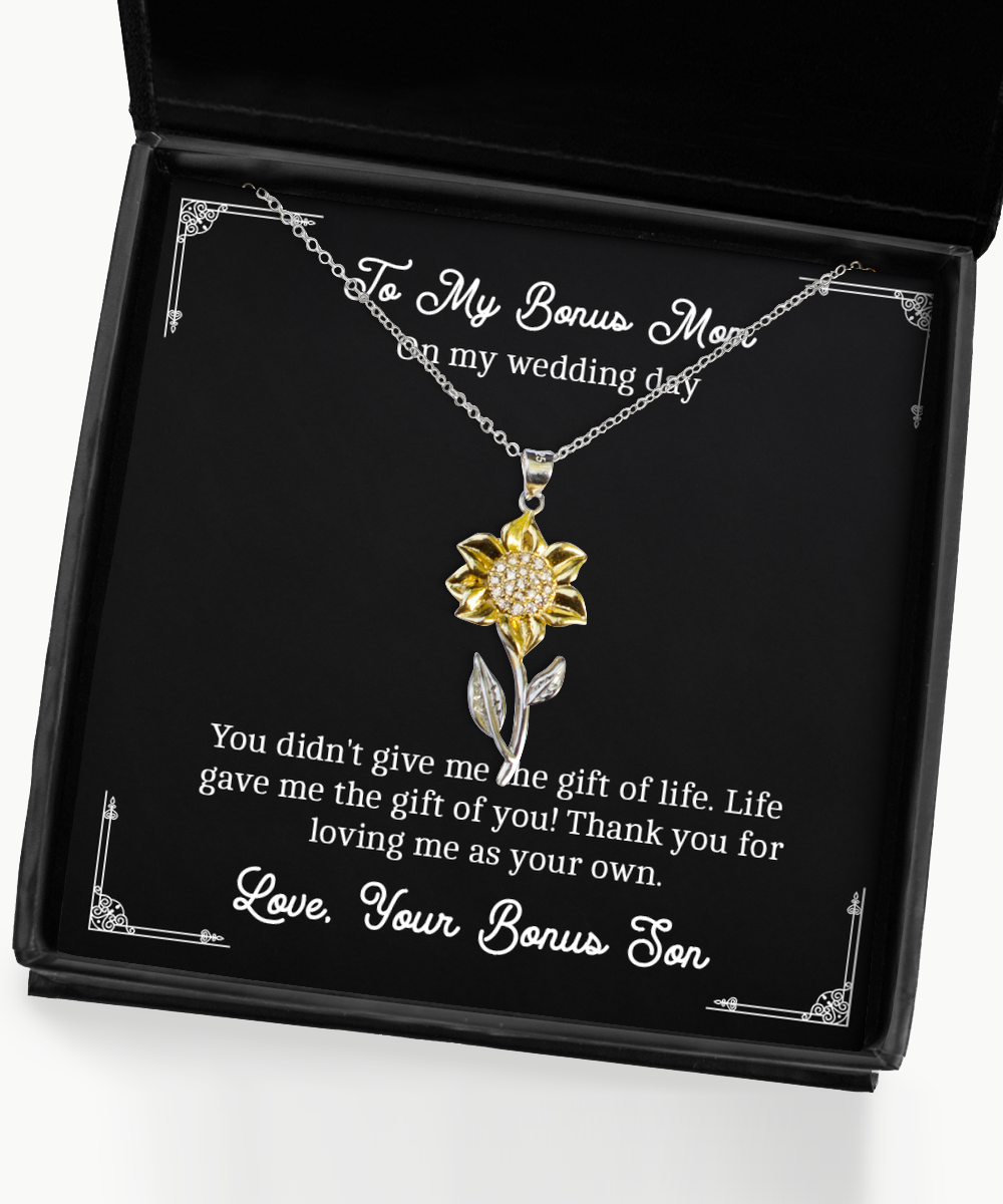 To My Bonus Mom Gifts, Thank You For Loving Me, Sunflower Pendant Necklace For Women, Wedding Day Thank You Ideas From Bonus Son