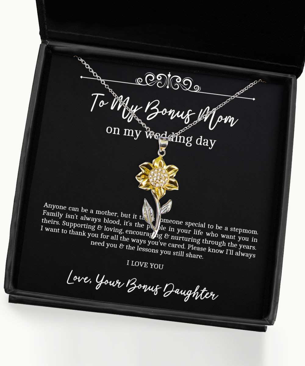 To My Bonus Mom Gifts, Anyone Can Be A Mother, Sunflower Pendant Necklace For Women, Wedding Day Thank You Ideas From Bonus Daughter