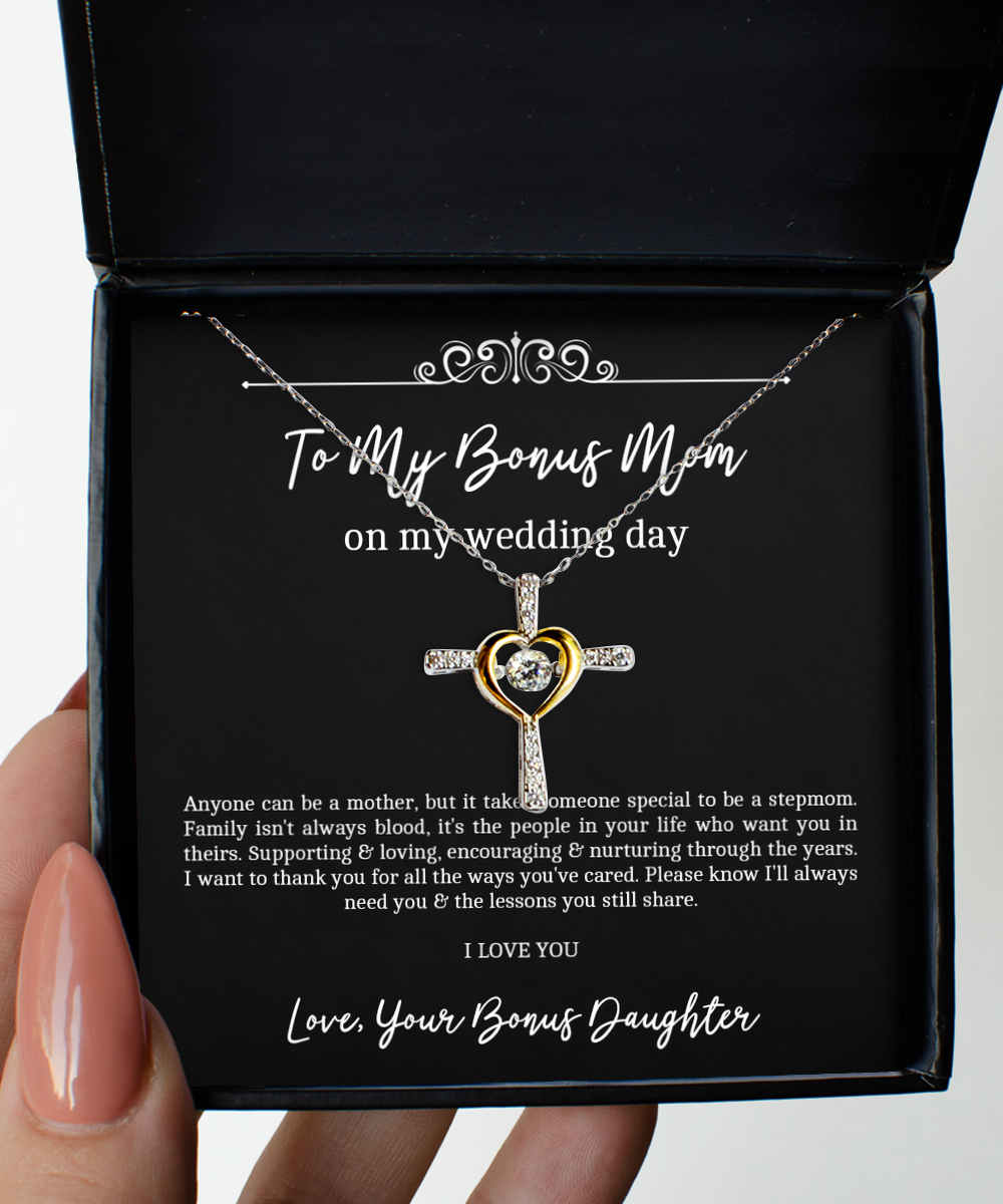 To My Bonus Mom Gifts, Anyone Can Be A Mother, Cross Dancing Necklace For Women, Wedding Day Thank You Ideas From Bonus Daughter