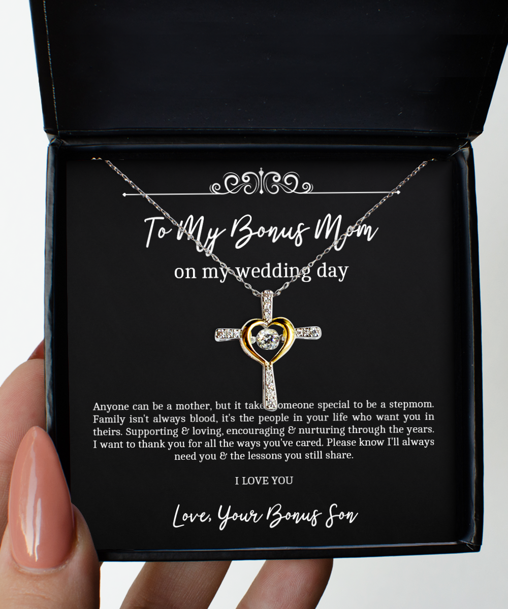 To My Bonus Mom Gifts, Anyone Can Be A Mother, Cross Dancing Necklace For Women, Wedding Day Thank You Ideas From Bonus Son