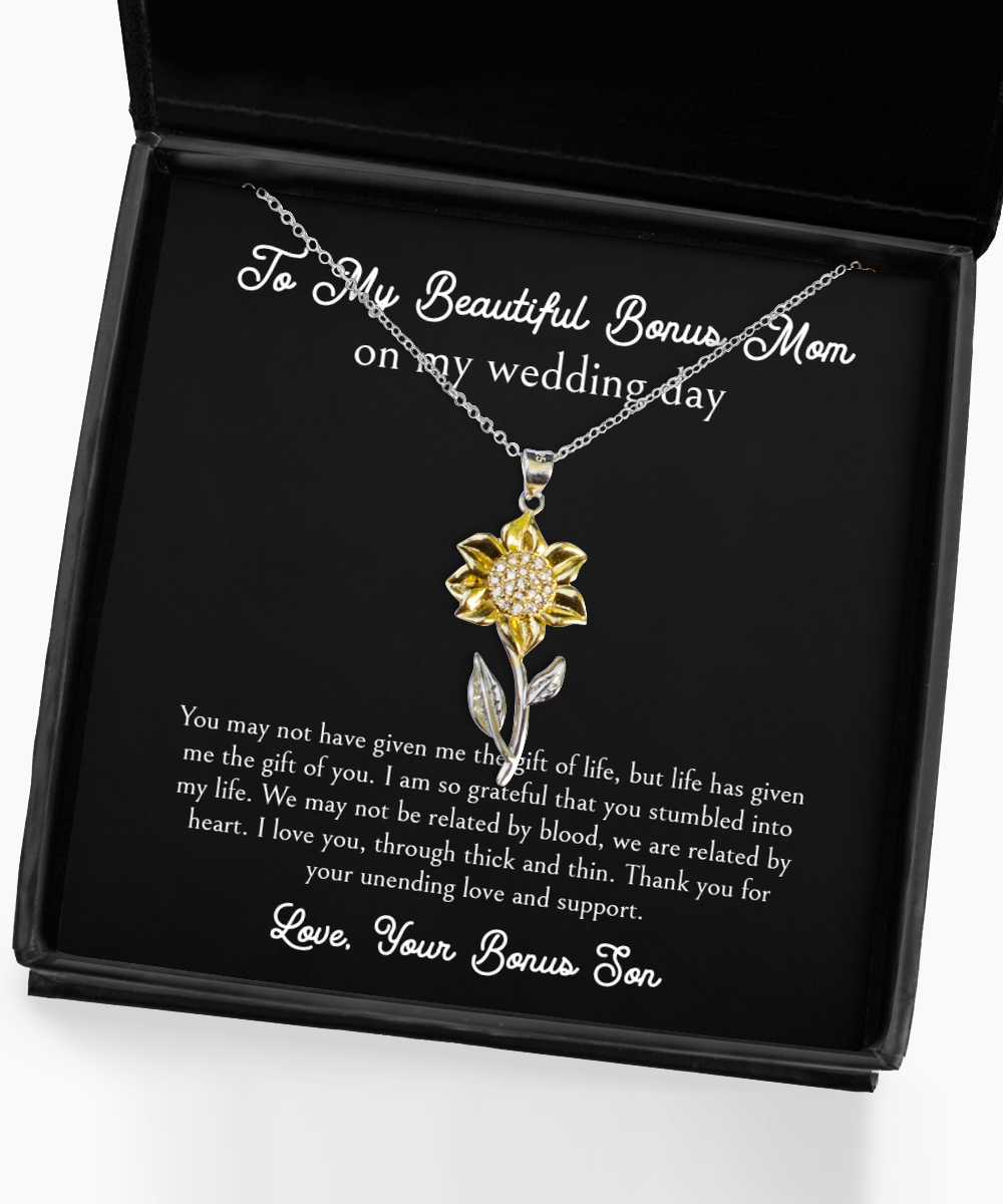 To My Bonus Mom Gifts, I Am So Grateful, Sunflower Pendant Necklace For Women, Birthday Jewelry Gifts From Bonus Son