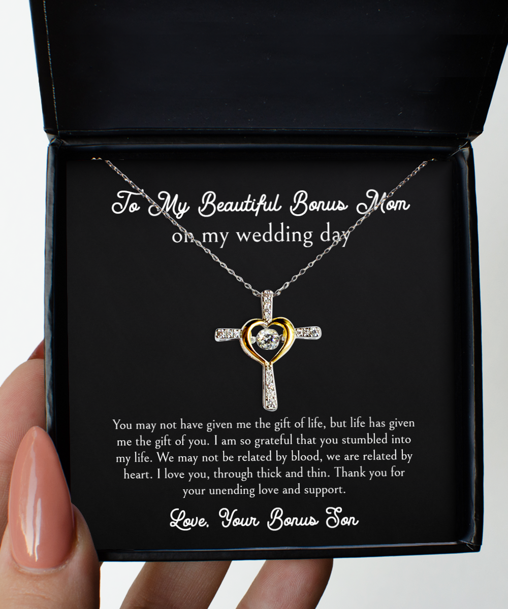 To My Bonus Mom Gifts, I Am So Grateful, Cross Dancing Necklace For Women, Birthday Jewelry Gifts From Bonus Son