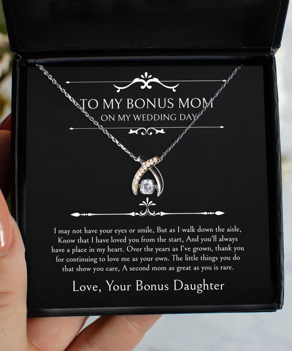 To My Bonus Mom Gifts, I May Not Have Your Eyes, Wishbone Dancing Necklace For Women, Birthday Jewelry Gifts From Bonus Daughter