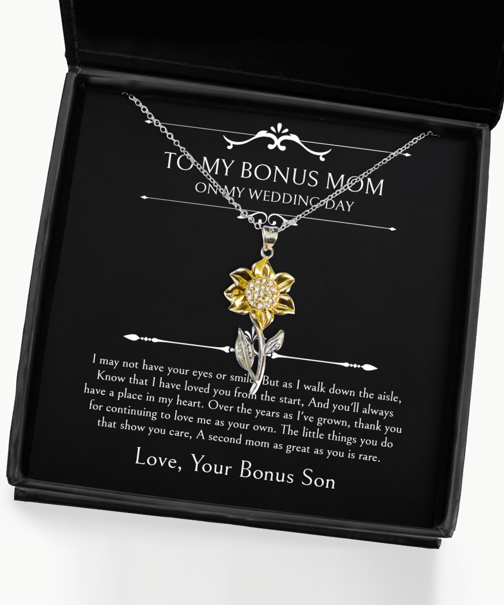 To My Bonus Mom Gifts, I May Not Have Your Eyes, Sunflower Pendant Necklace For Women, Wedding Day Thank You Ideas From Bonus Son