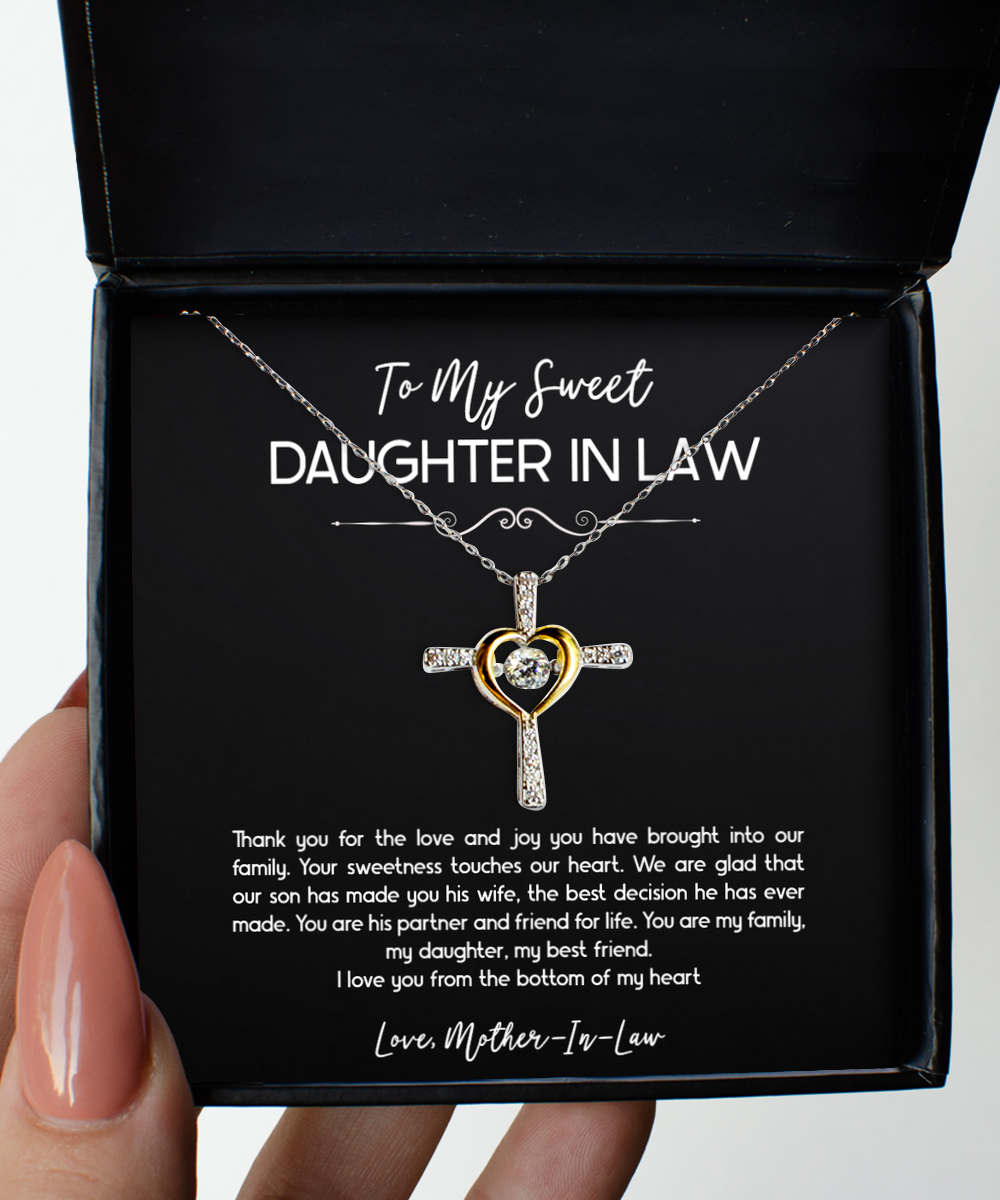 To My Daughter in Law Gifts, Thank You For The Love And Joy, Cross Dancing Necklace For Women, Birthday Jewelry Gifts From Mother-in-law