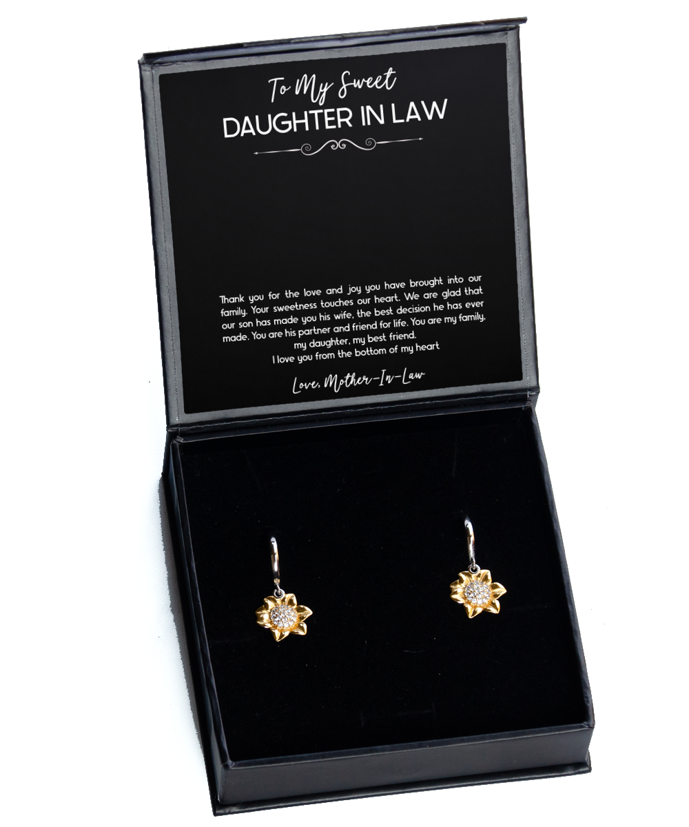 To My Daughter in Law Gifts, Thank You For The Love And Joy, Sunflower Earrings For Women, Birthday Jewelry Gifts From Mother-in-law