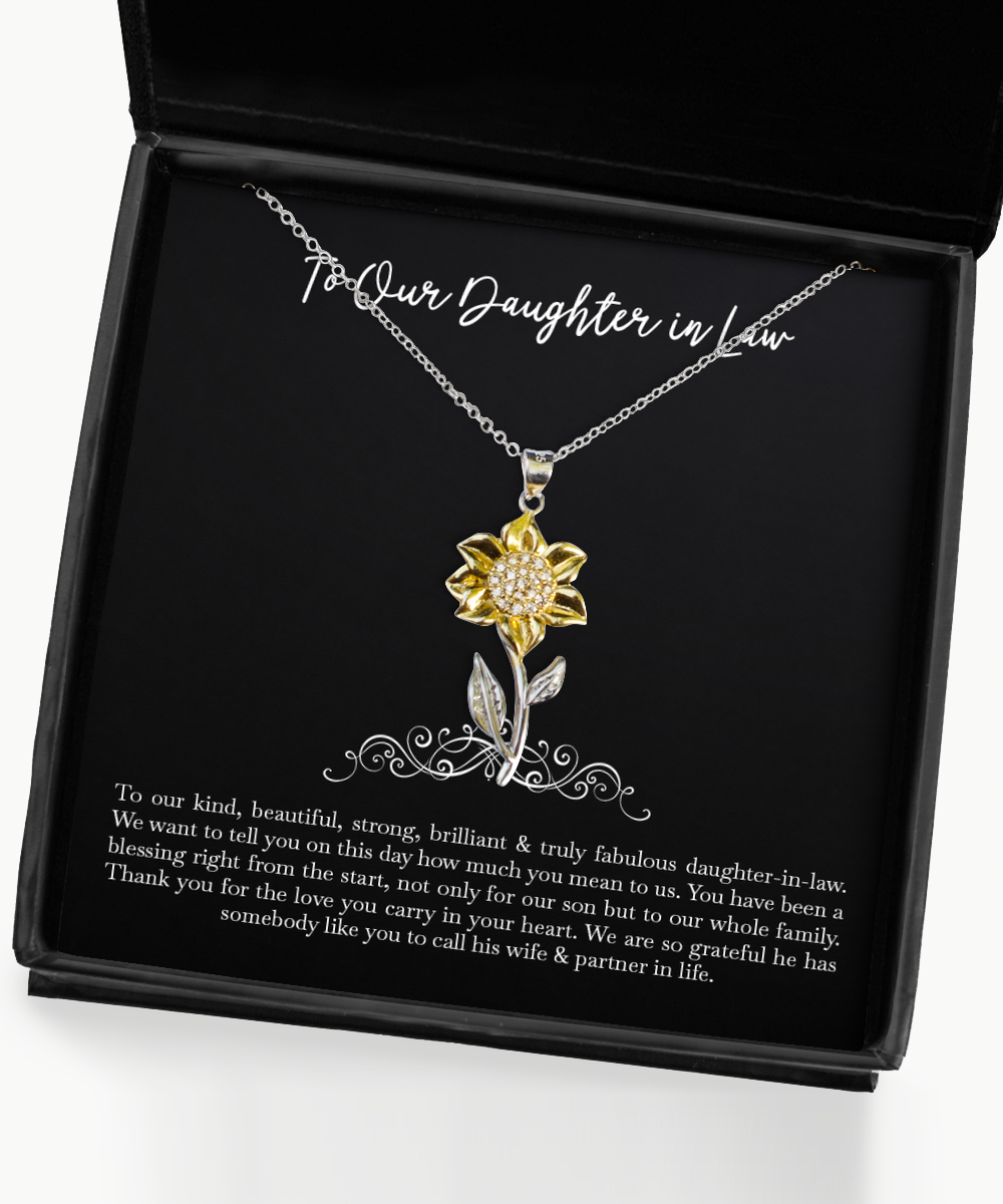To My Daughter in Law Gifts, Thank You For The Love, Sunflower Pendant Necklace For Women, Birthday Jewelry Gifts From Mother-in-law