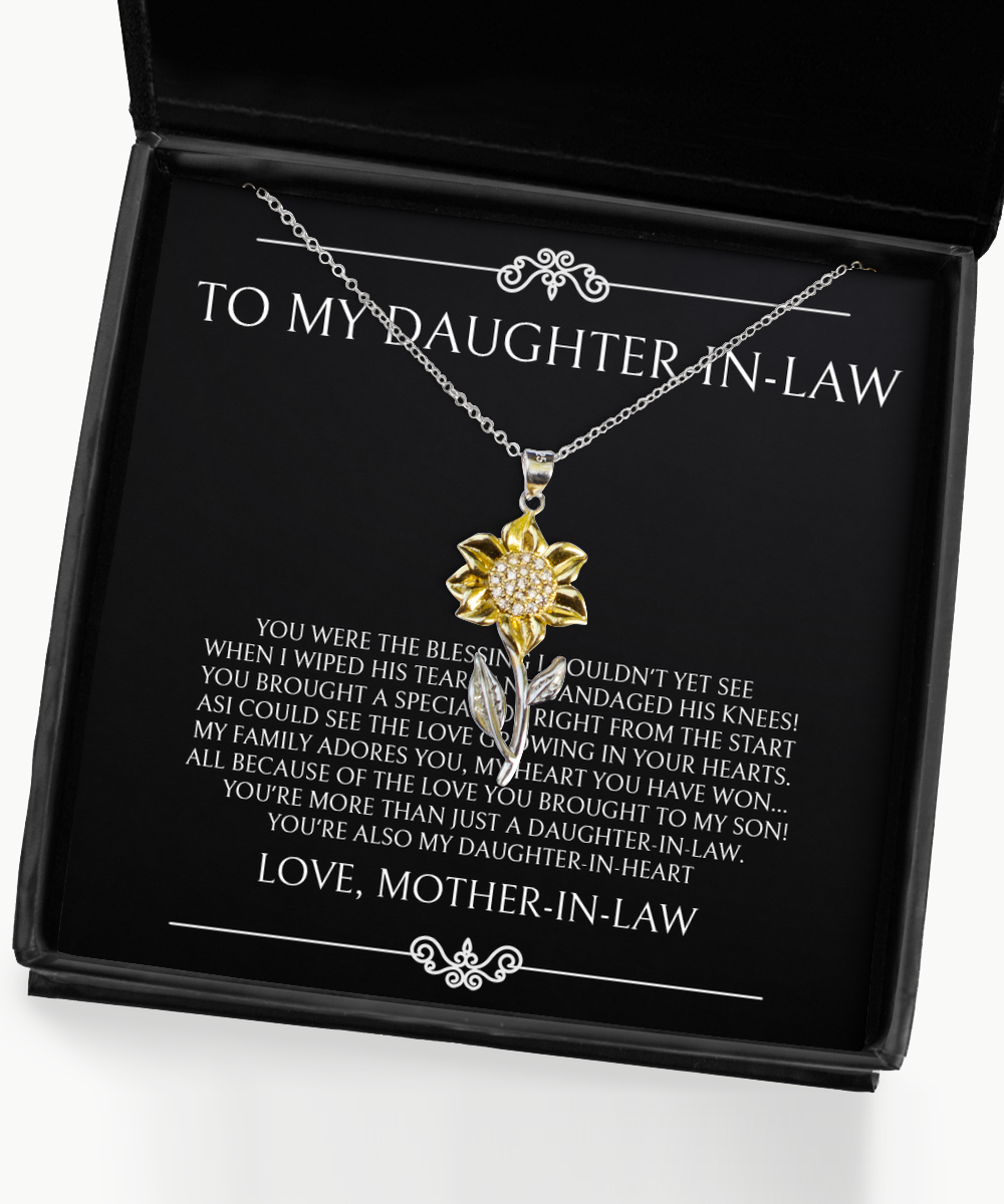To My Daughter in Law Gifts, The Blessing I Couldn't See, Sunflower Pendant Necklace For Women, Birthday Jewelry Gifts From Mother-in-law