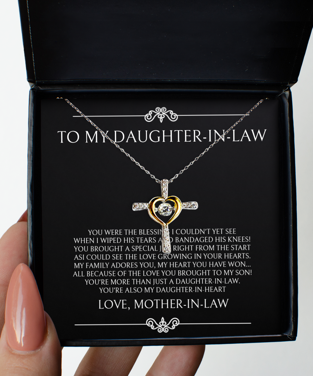 To My Daughter in Law Gifts, The Blessing I Couldn't See, Cross Dancing Necklace For Women, Birthday Jewelry Gifts From Mother-in-law