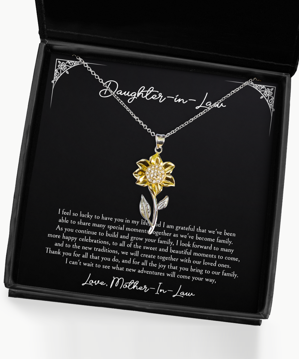 To My Daughter in Law Gifts, I'm Lucky To Have You, Sunflower Pendant Necklace For Women, Birthday Jewelry Gifts From Mother-in-law
