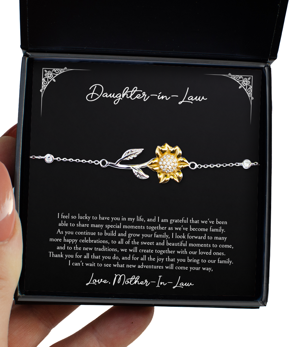 To My Daughter in Law Gifts, I'm Lucky To Have You, Sunflower Bracelet For Women, Birthday Jewelry Gifts From Mother-in-law
