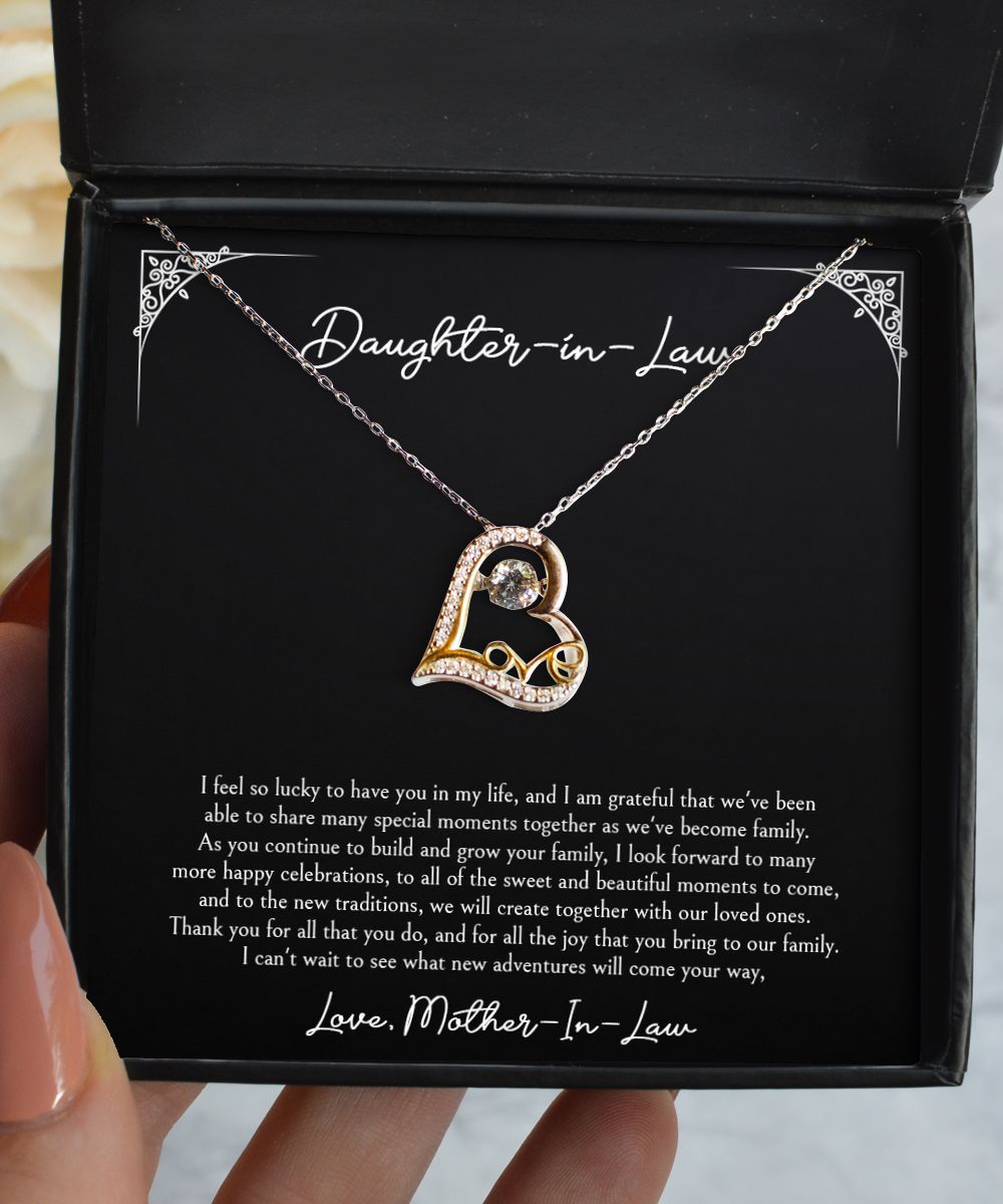 To My Daughter in Law Gifts, I'm Lucky To Have You, Love Dancing Necklace For Women, Birthday Jewelry Gifts From Mother-in-law