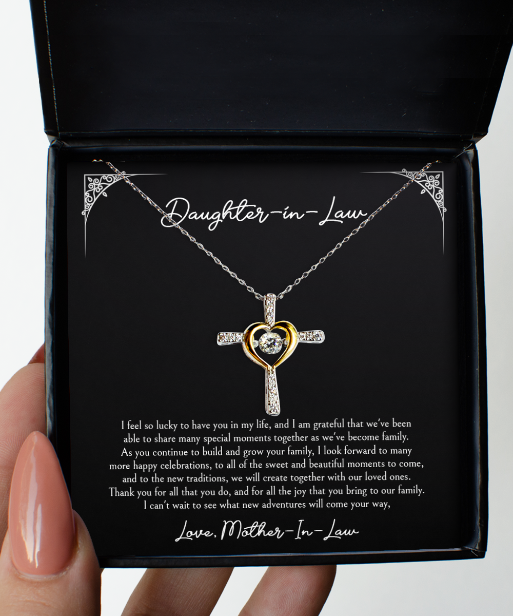 To My Daughter in Law Gifts, I'm Lucky To Have You, Cross Dancing Necklace For Women, Birthday Jewelry Gifts From Mother-in-law
