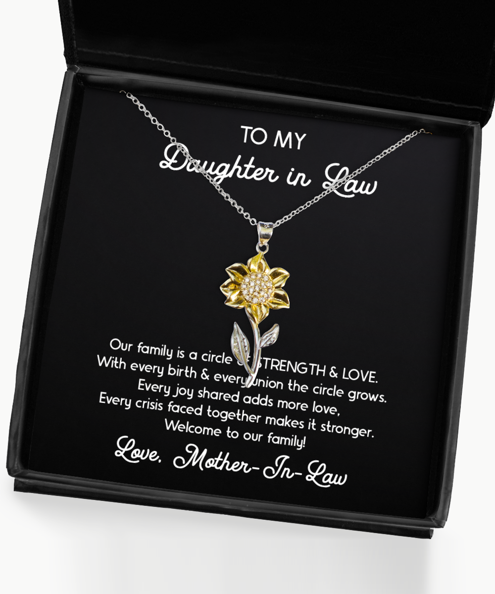 To My Daughter in Law Gifts, Circle of Strength and Love, Sunflower Pendant Necklace For Women, Birthday Jewelry Gifts From Mother-in-law