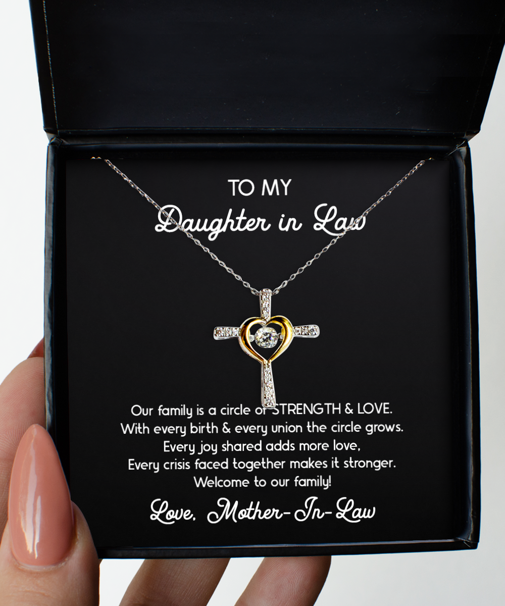 To My Daughter in Law Gifts, Circle of Strength and Love, Cross Dancing Necklace For Women, Birthday Jewelry Gifts From Mother-in-law
