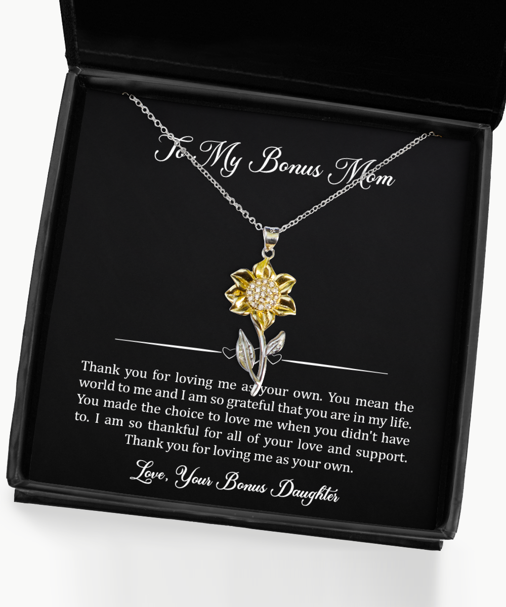 To My Bonus Mom Gifts, You Mean The World To Me, Sunflower Pendant Necklace For Women, Birthday Mothers Day Present From Bonus Daughter