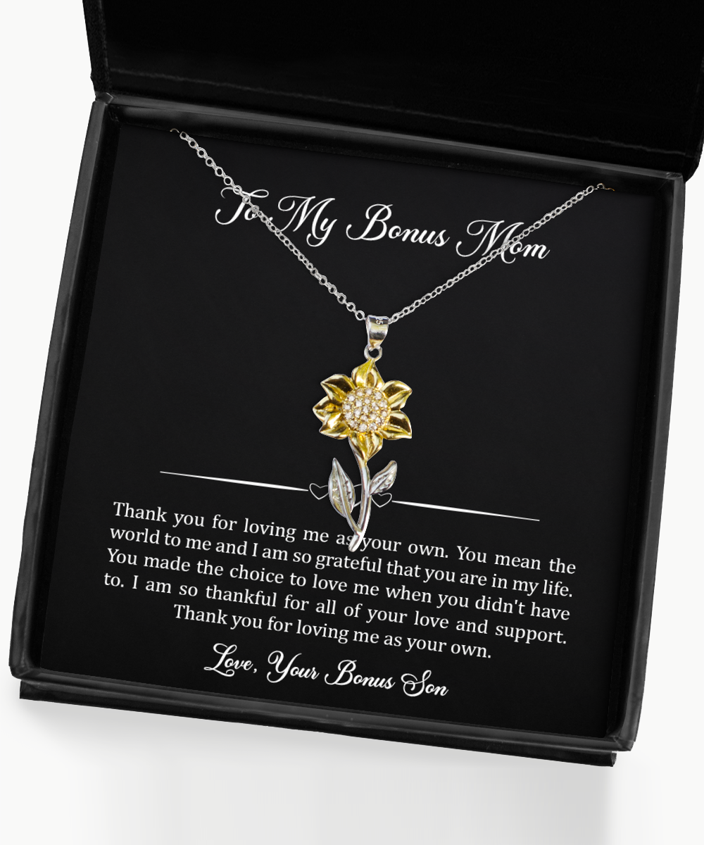 To My Bonus Mom Gifts, You Mean The World To Me, Sunflower Pendant Necklace For Women, Birthday Mothers Day Present From Bonus Son