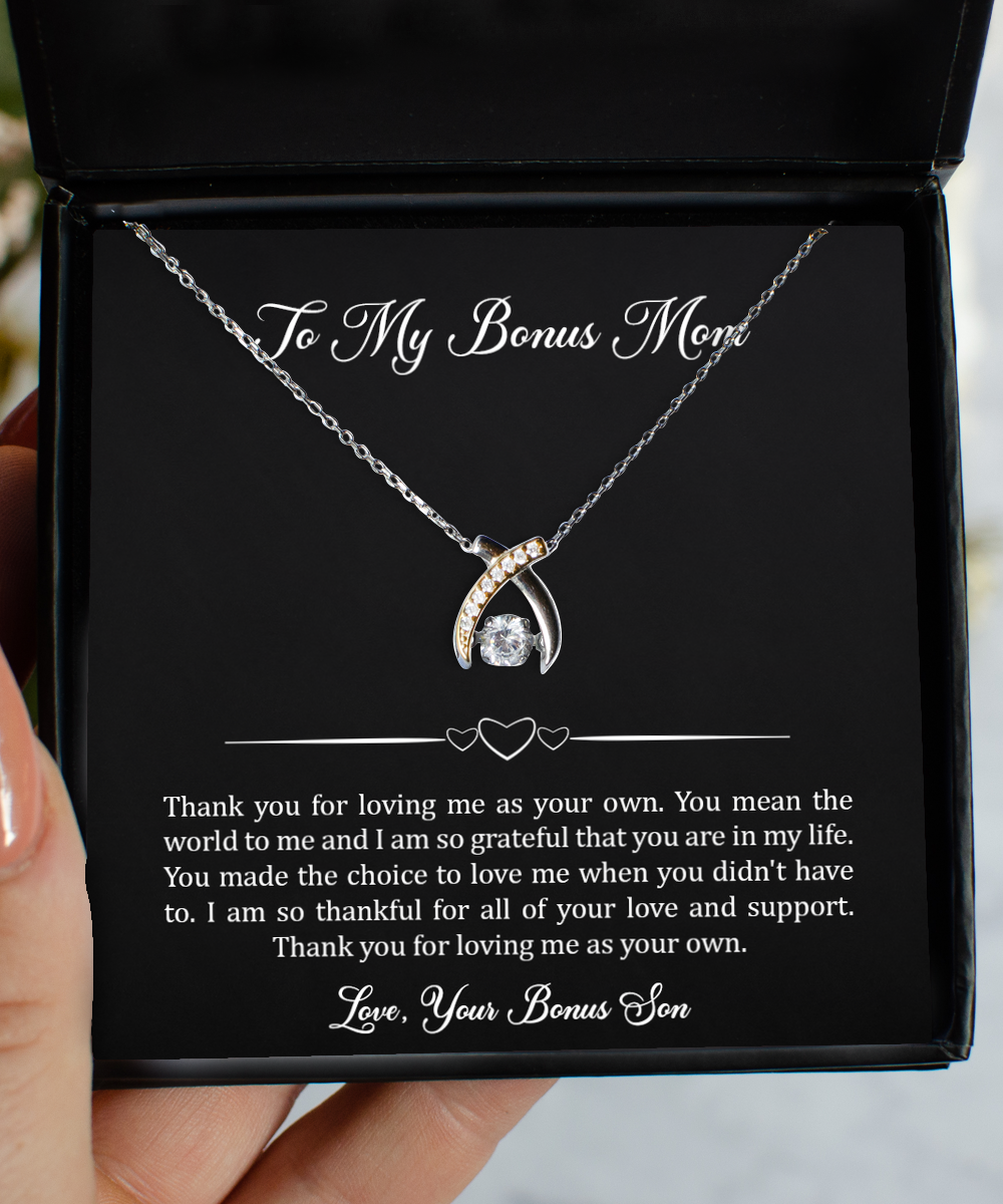 To My Bonus Mom Gifts, You Mean The World To Me, Wishbone Dancing Neckace For Women, Birthday Mothers Day Present From Bonus Son