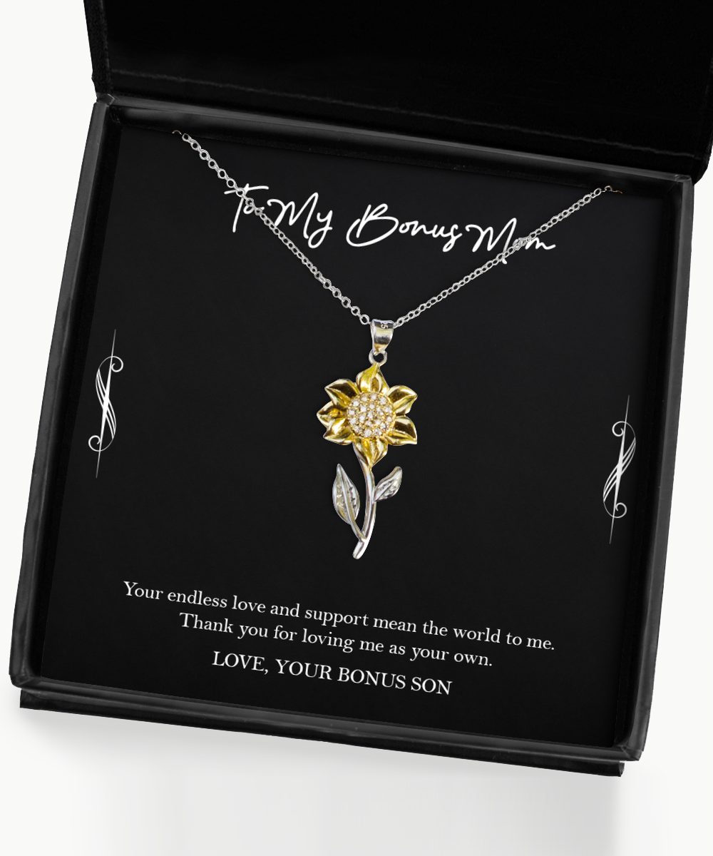 To My Bonus Mom Gifts, Endless Love And Support, Sunflower Pendant Necklace For Women, Birthday Mothers Day Present From Bonus Son