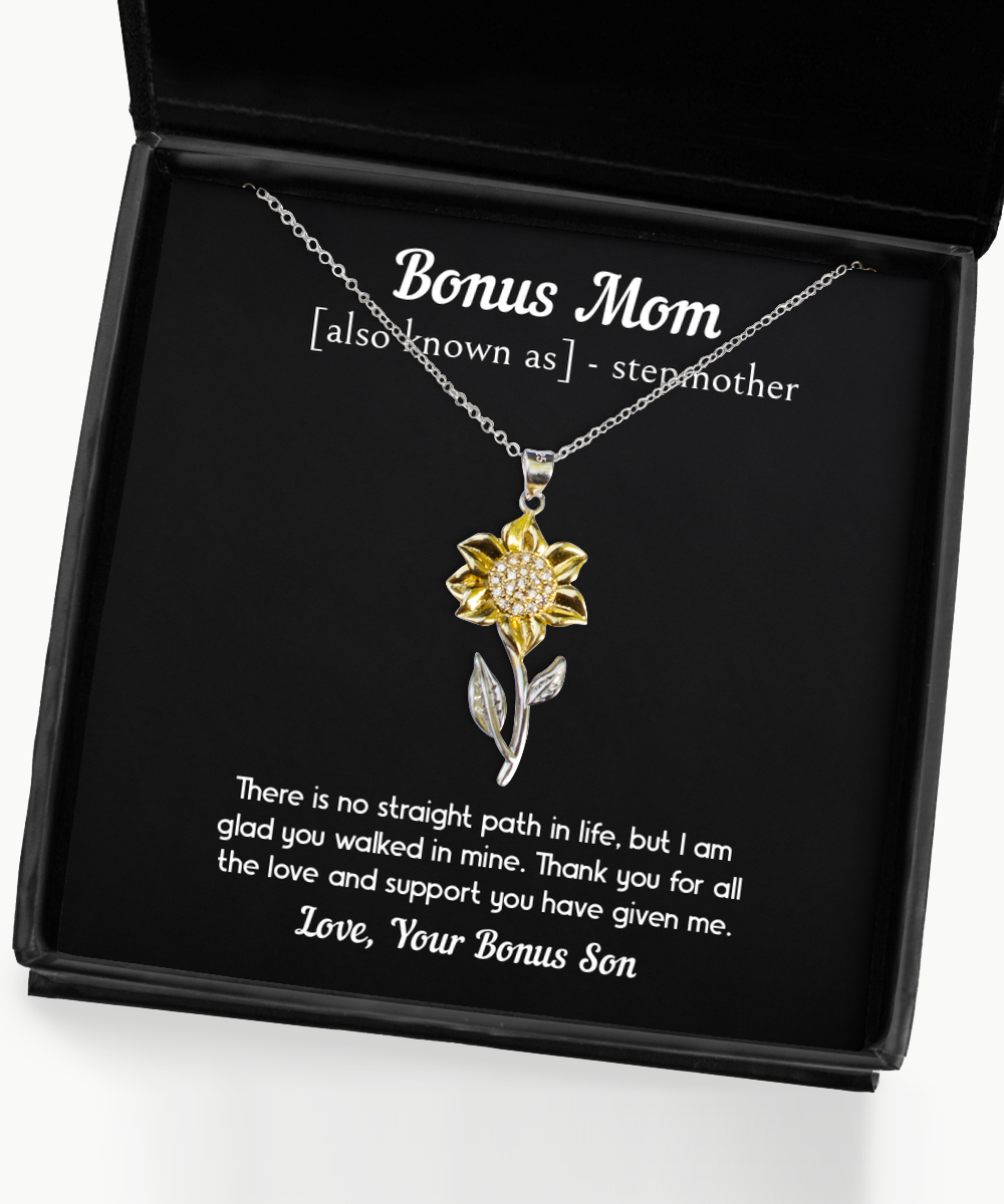 To My Bonus Mom Gifts, Thank You For All The Love, Sunflower Pendant Necklace For Women, Birthday Mothers Day Present From Bonus Son