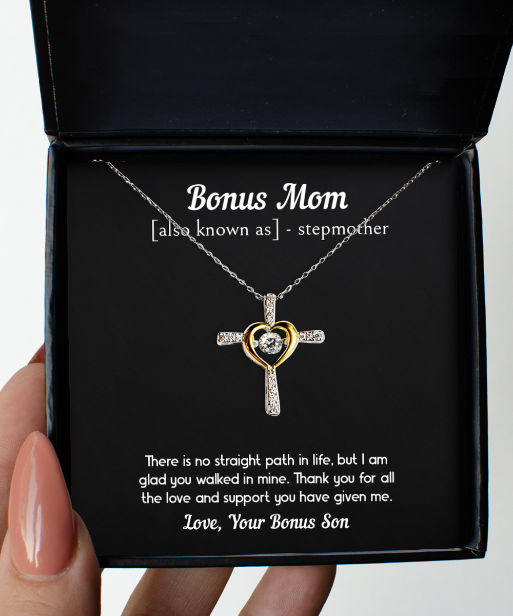 To My Bonus Mom Gifts, Thank You For All The Love, Cross Dancing Necklace For Women, Birthday Mothers Day Present From Bonus Son