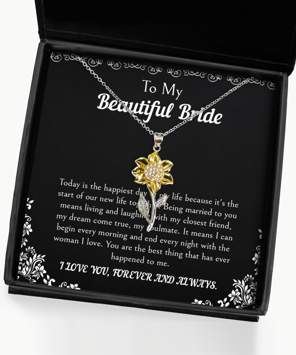 To My Bride Gifts, Happiest Day Of My Life, Sunflower Pendant Necklace For Women, Wedding Day Thank You Ideas From Groom