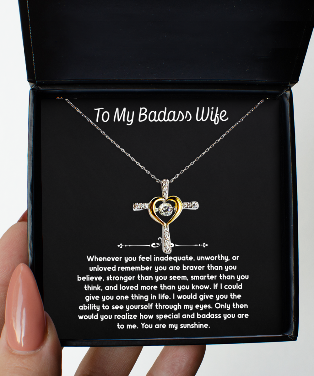 To My Badass Wife, You Are My Sunshine, Cross Dancing Necklace For Women, Anniversary Birthday Valentines Day Gifts From Husband