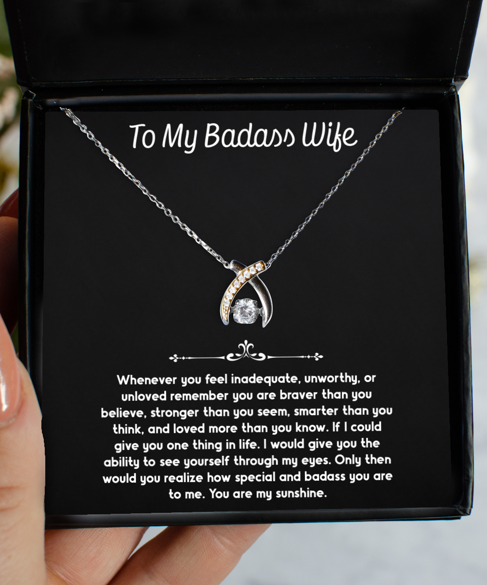 To My Badass Wife, You Are My Sunshine, Wishbone Dancing Necklace For Women, Anniversary Birthday Valentines Day Gifts From Husband
