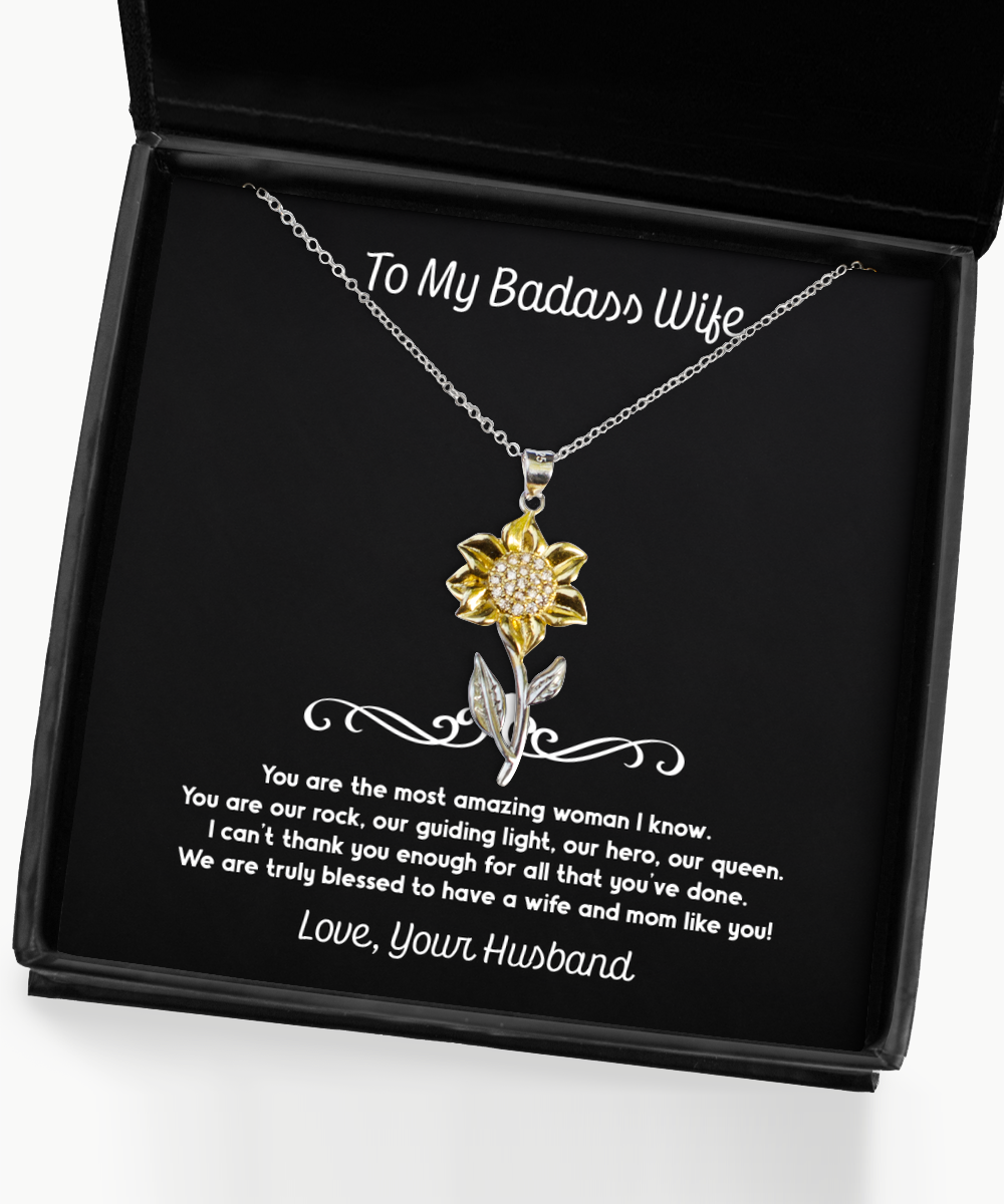 To My Badass Wife, You Are Our Rock, Sunflower Pendant Necklace For Women, Anniversary Birthday Valentines Day Gifts From Husband