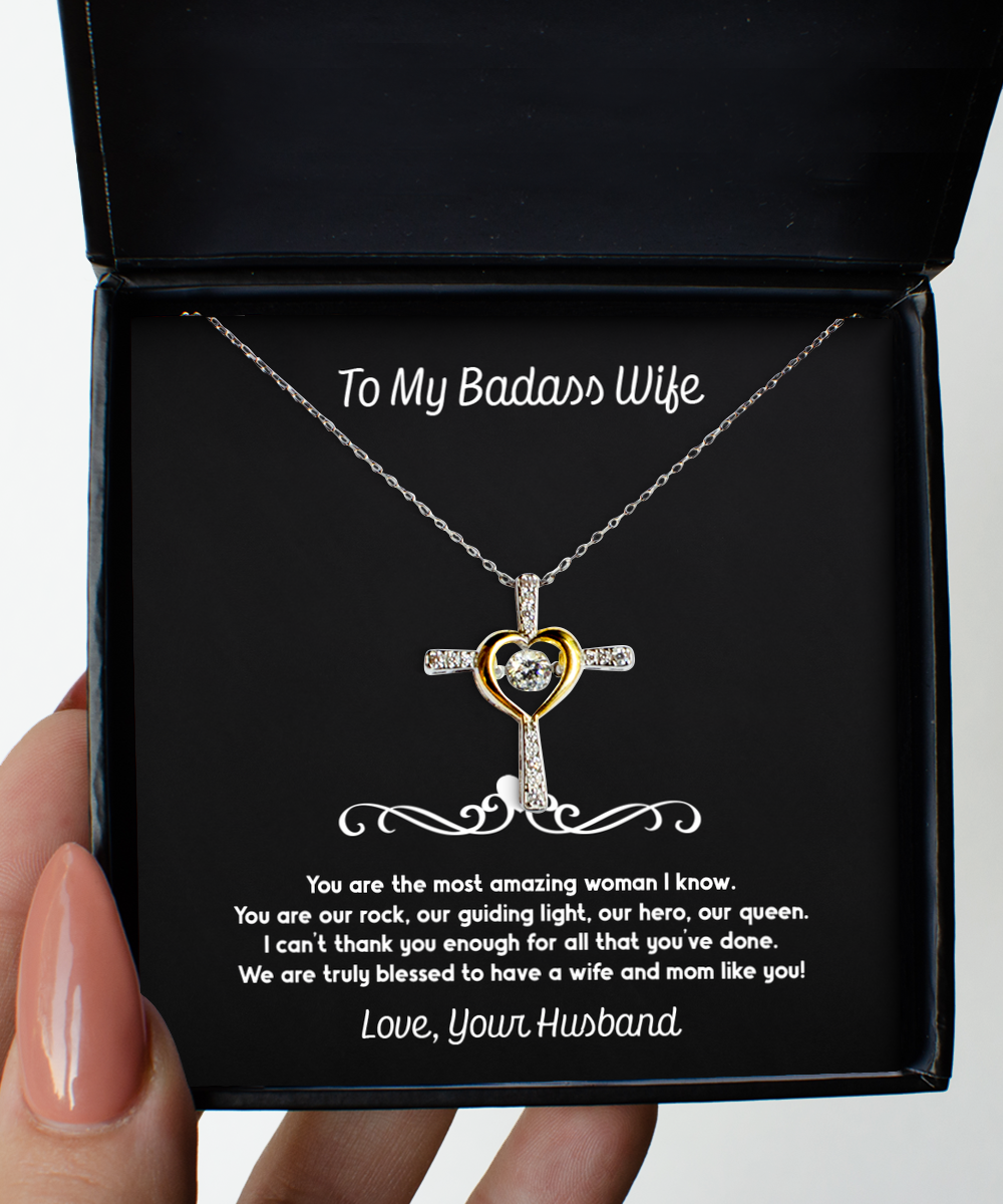 To My Badass Wife, You Are Our Rock, Cross Dancing Necklace For Women, Anniversary Birthday Valentines Day Gifts From Husband