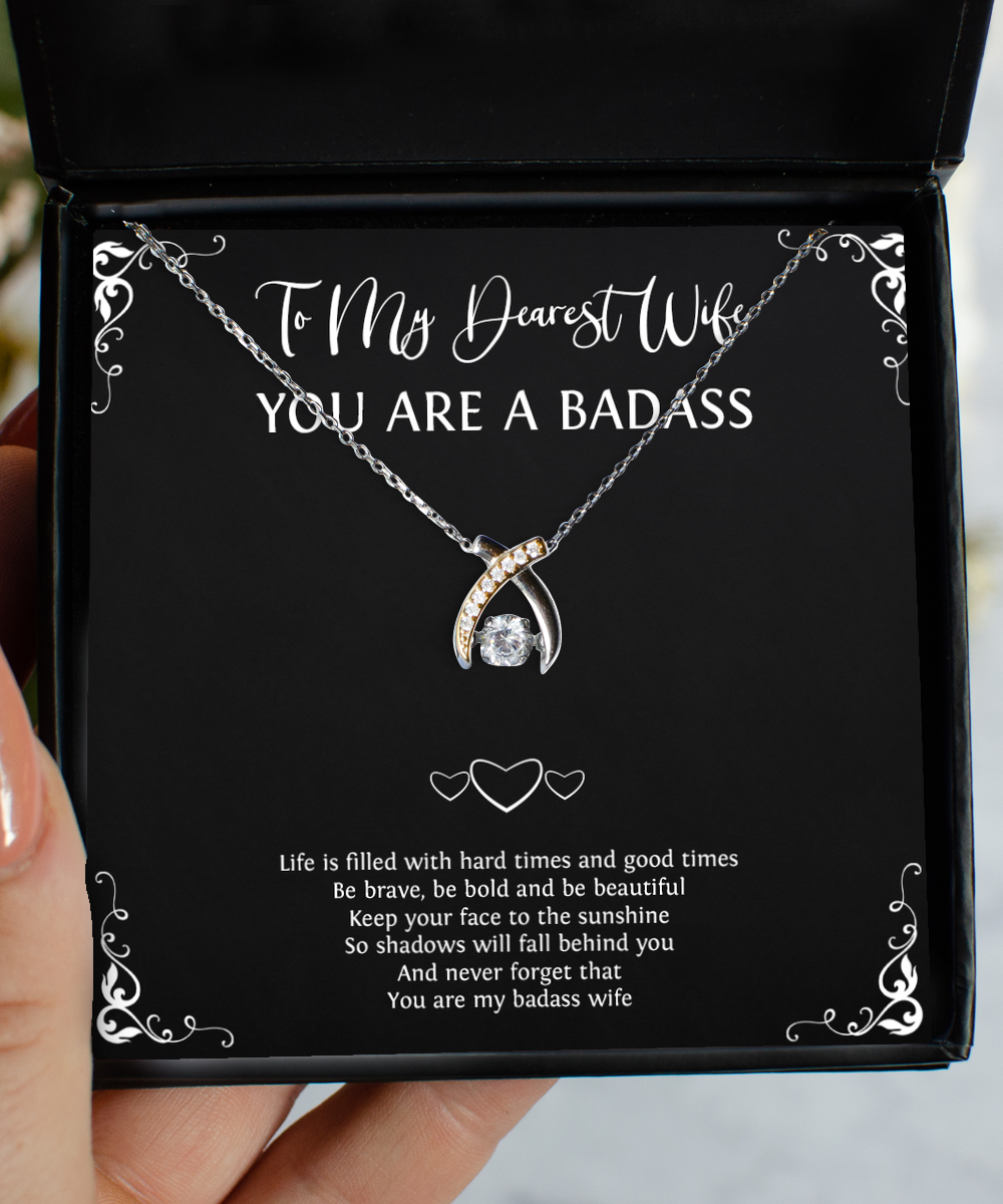 To My Badass Wife, Be Brave, Wishbone Dancing Necklace For Women, Anniversary Birthday Valentines Day Gifts From Husband
