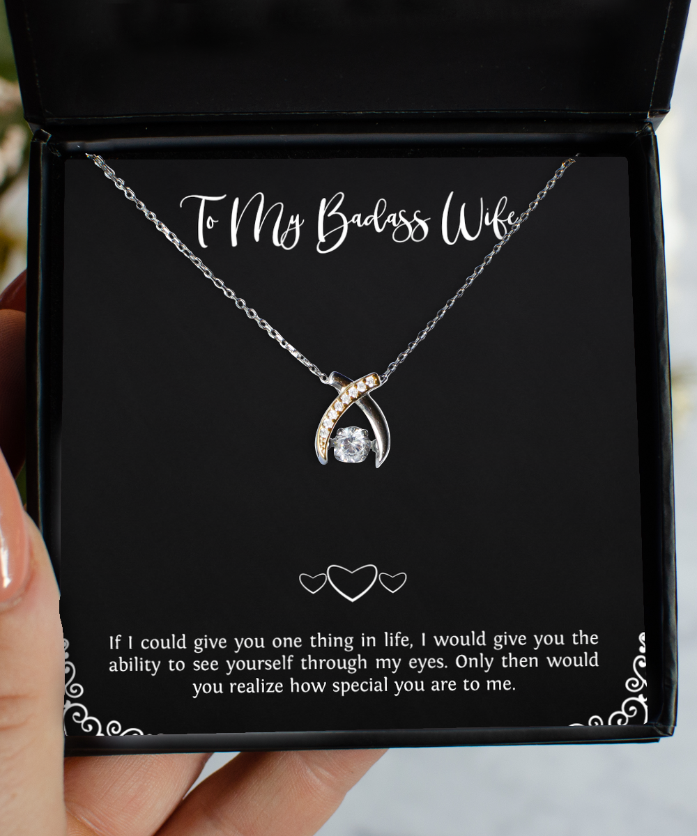 To My Badass Wife, Through My Eyes , Wishbone Dancing Necklace For Women, Anniversary Birthday Valentines Day Gifts From Husband