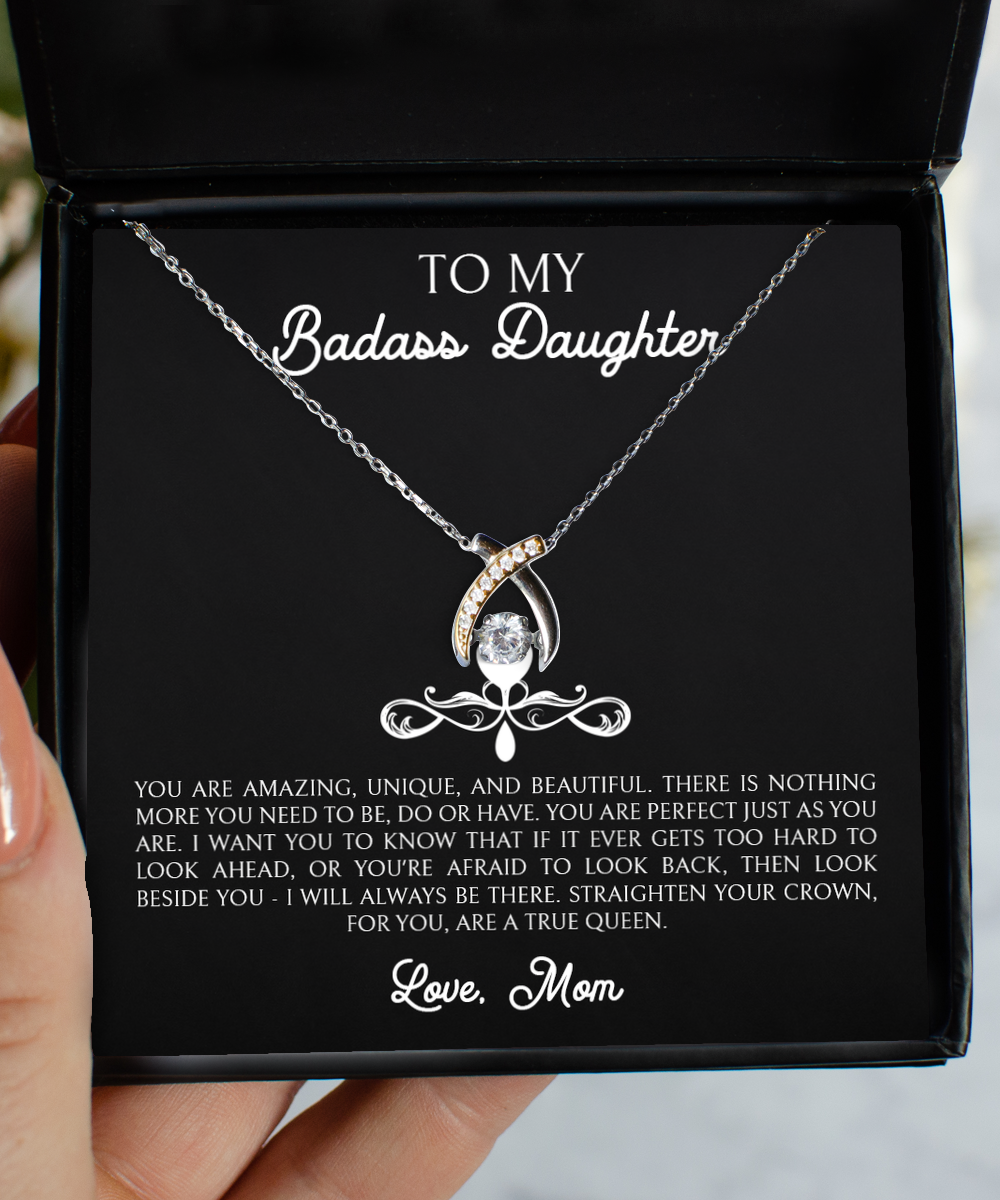 To My Badass Daughter Gifts, You Are Amazing, Wishbone Dancing Neckace For Women, Birthday Jewelry Gifts From Mom