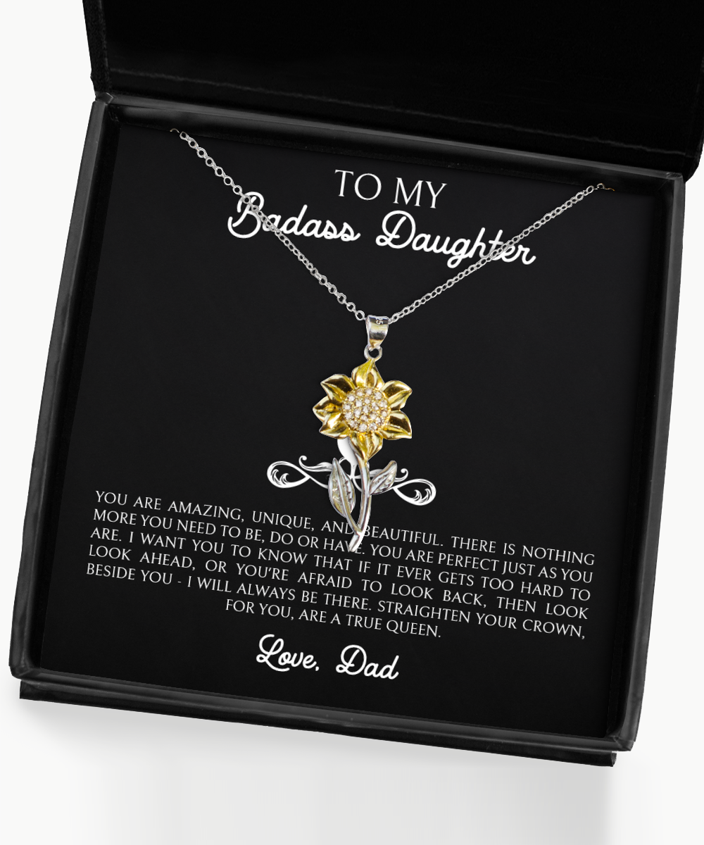 To My Badass Daughter Gifts, You Are Amazing, Sunflower Pendant Necklace For Women, Birthday Jewelry Gifts From Dad